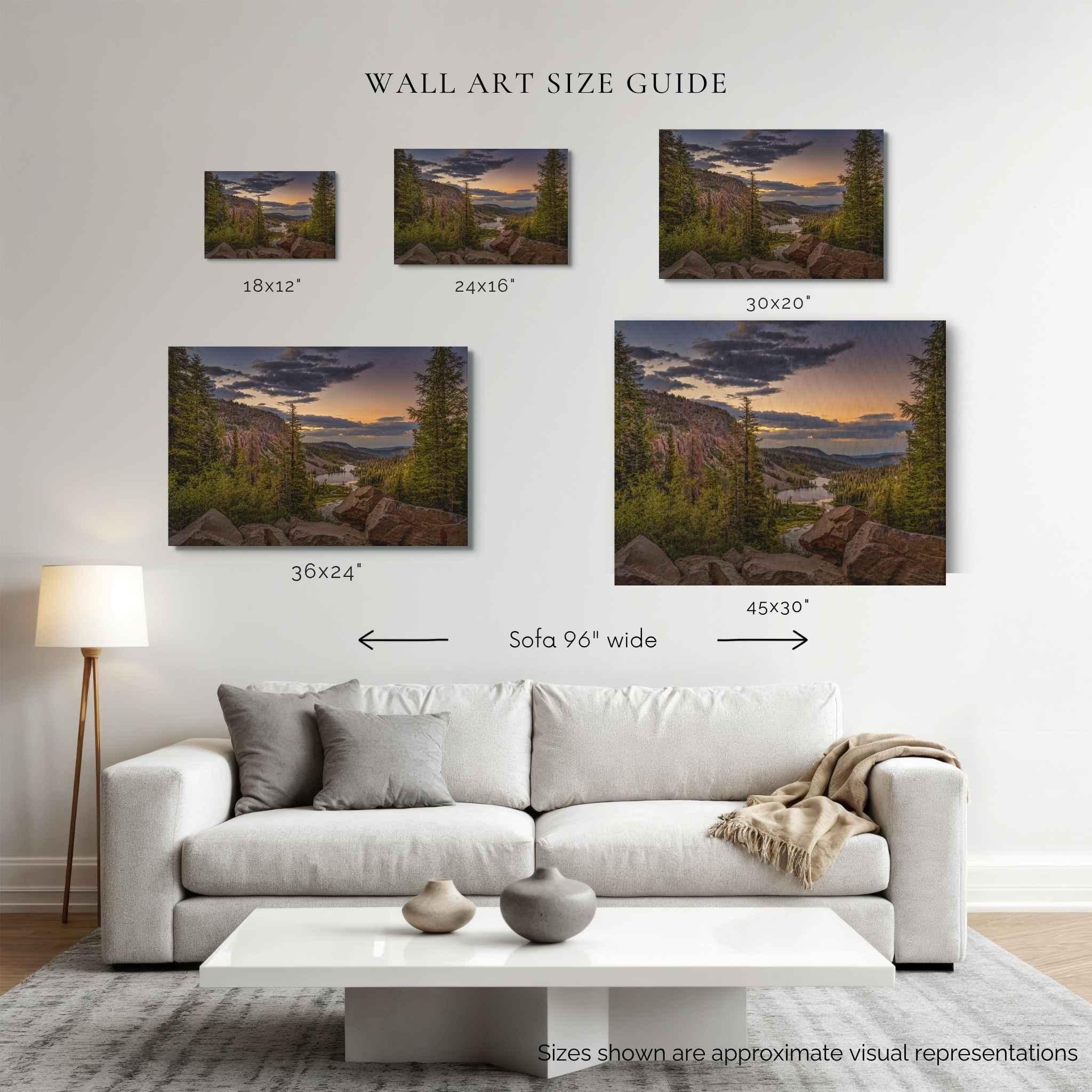 Wall art size guide for Golden Hour Above Twin Lakes canvas print, showing 18x12, 24x16, 30x20, 36x24 and 45x30 inch sizes above a 96-inch sofa.