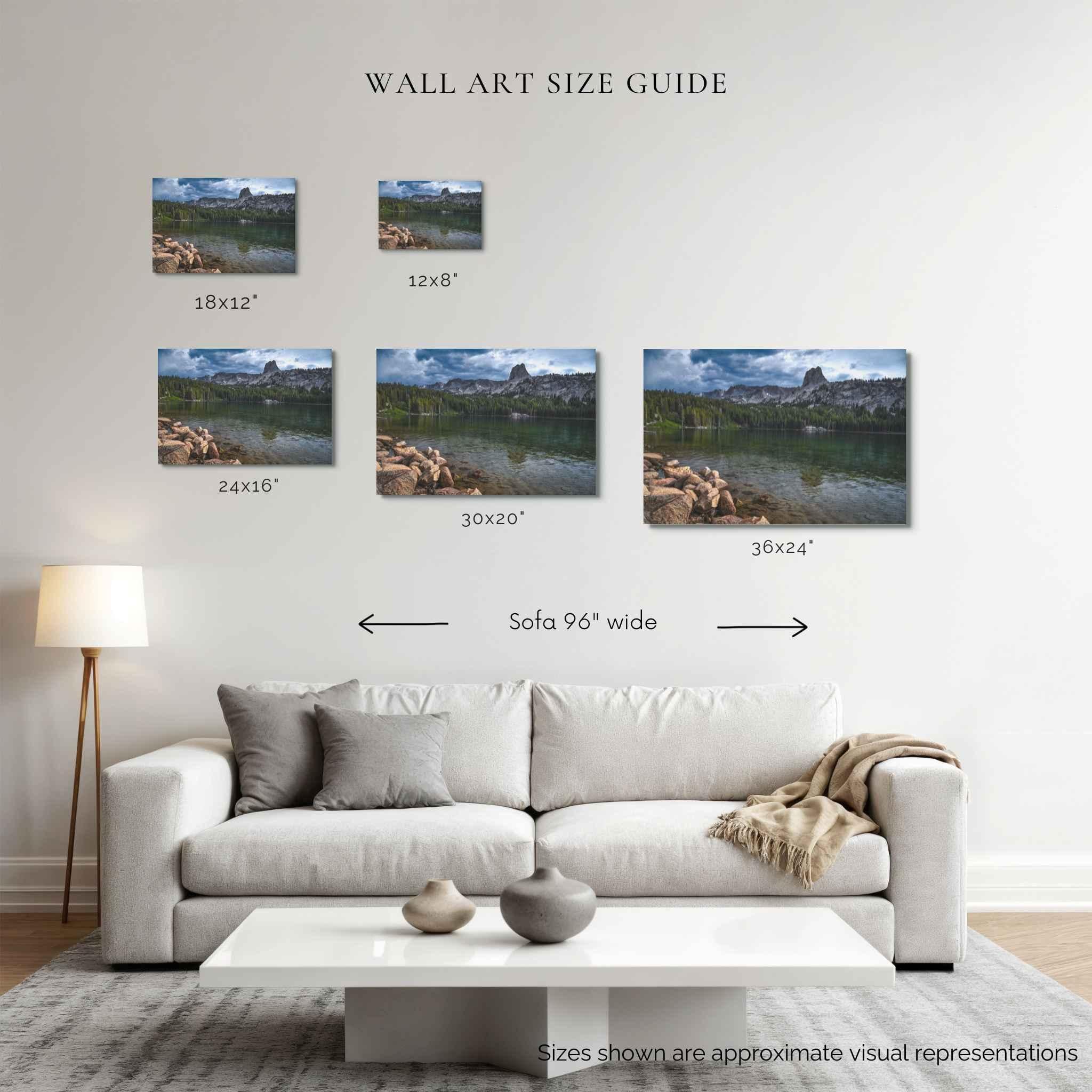 Wall art size guide for a Lake Mary fine art print, showing 12x8, 18x12, 24x16, 30x20 and 36x24 inch sizes above a 96-inch sofa.