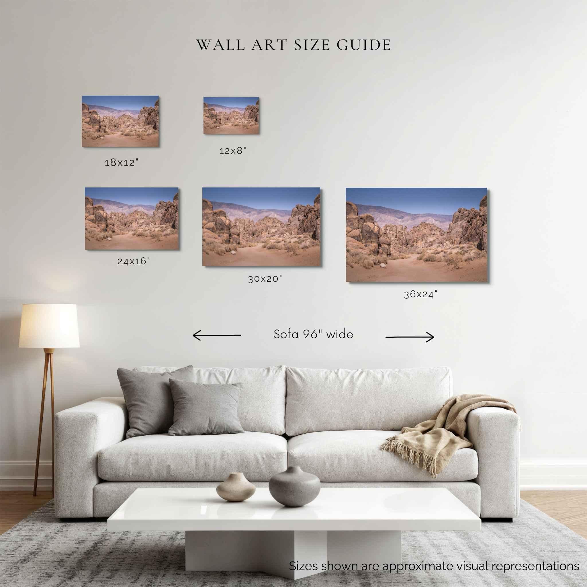 Wall art size guide for Sierra Desert Passage fine art print, showing 12x8, 18x12, 24x16, 30x20 and 36x24 inch sizes above a 96-inch sofa.