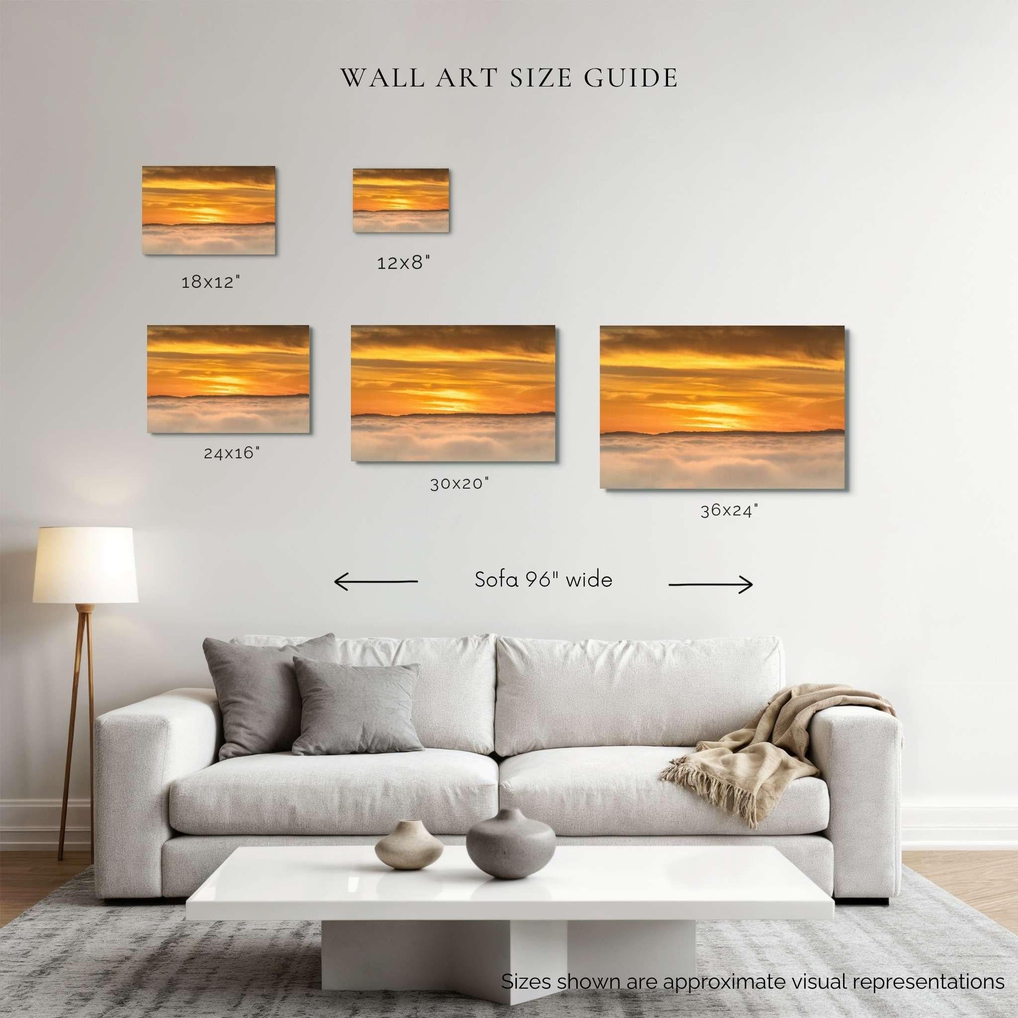 Wall art size guide showing Soaring Above the Clouds gallery-wrapped canvas in 12x18,18x12, 24x16, 30x20, 36x24, and 45x30 inch sizes displayed above a 96-inch sofa. Artwork by Abigail Diane Photography.