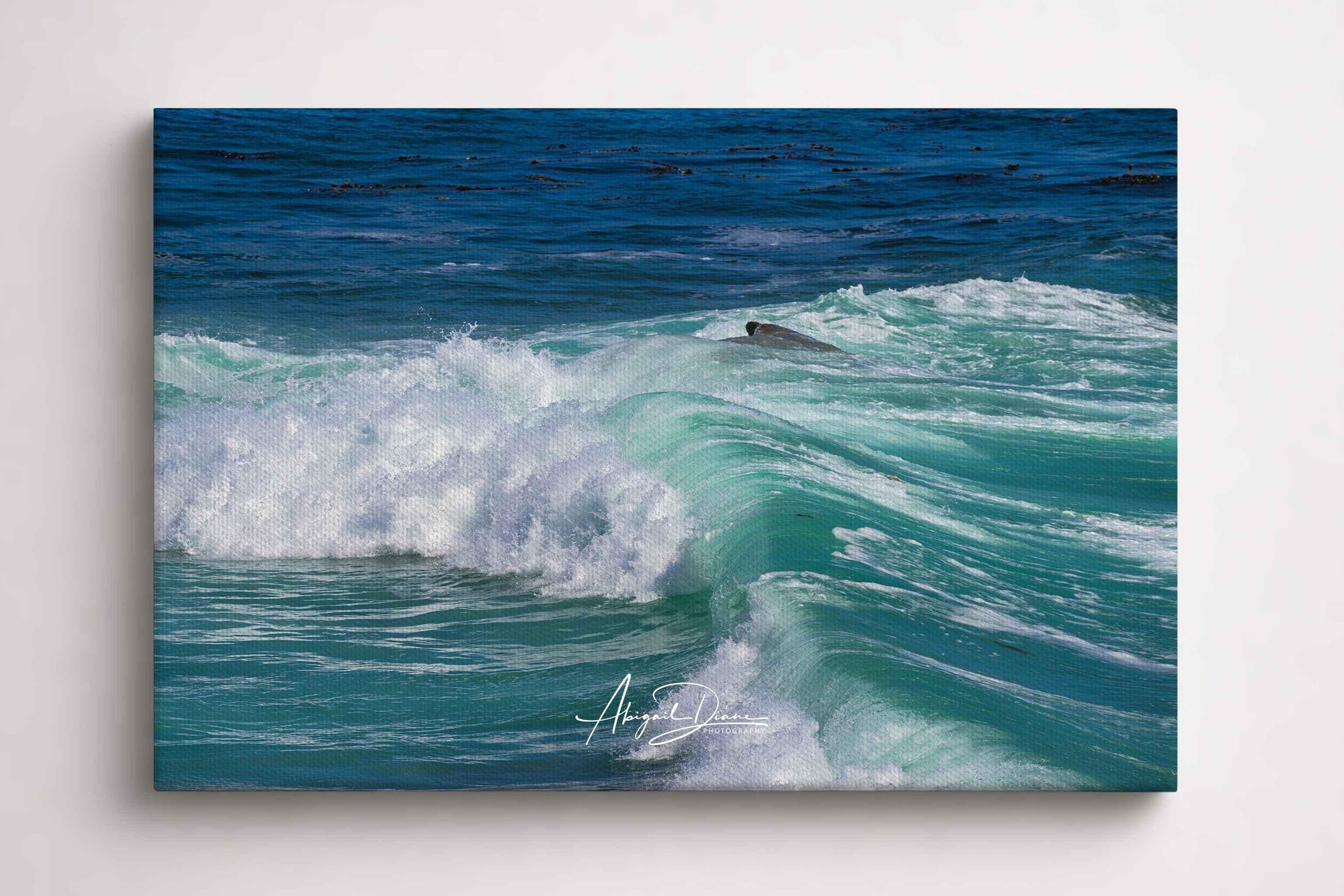 Coastal canvas print of Turquoise Healing Waves capturing rolling aqua blue waves and foaming surf in the Pacific Ocean at Laguna Beach California.