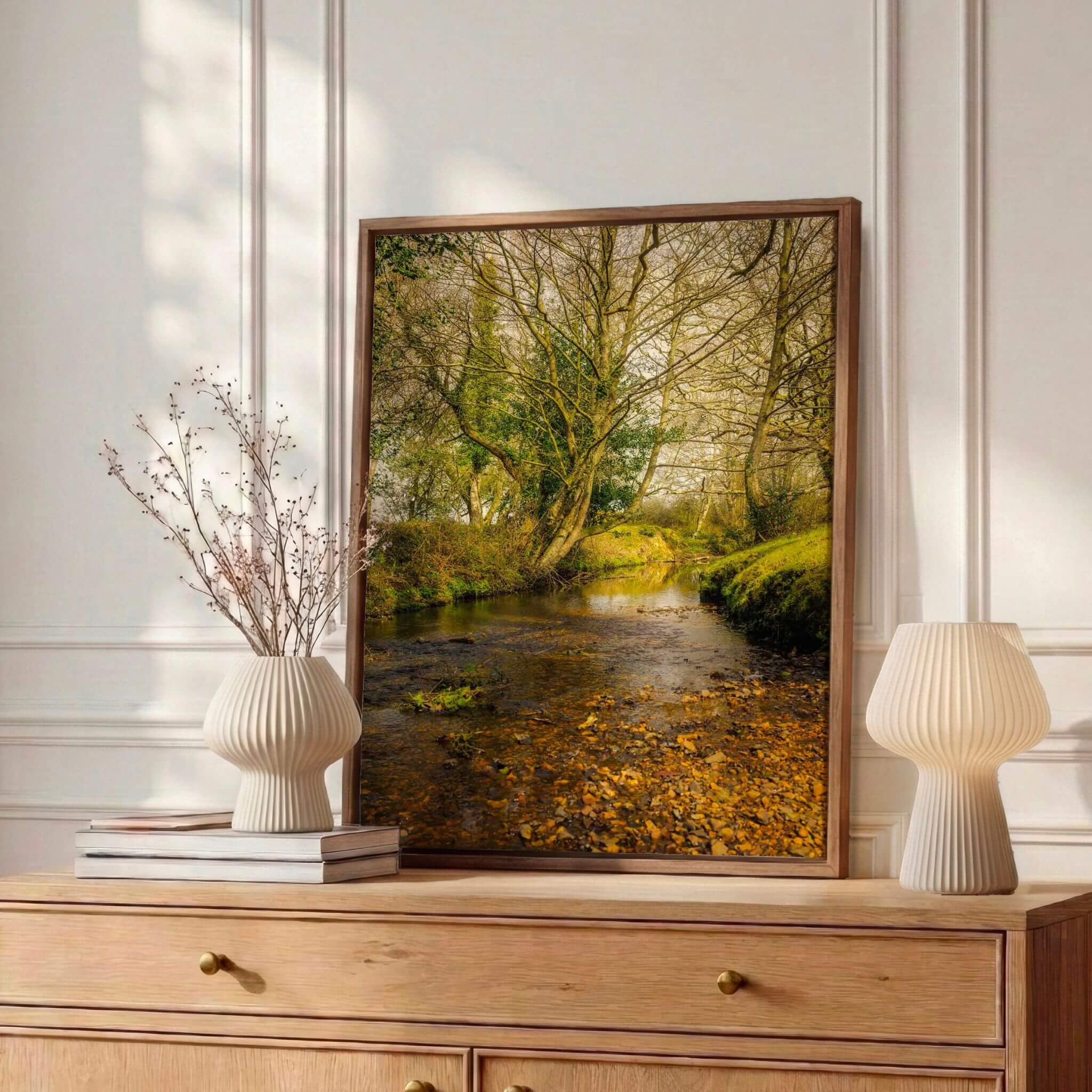 Close-up of A Lazy Creek in the New Forest fine art print displayed in a natural wood frame, featuring a peaceful woodland stream in the New Forest, England.