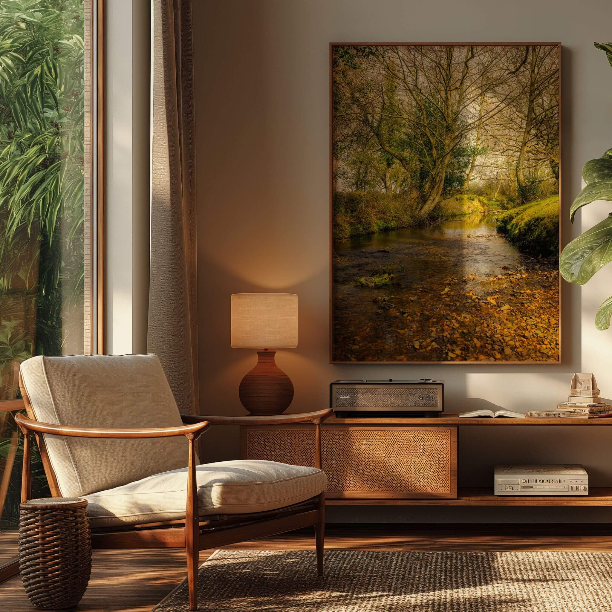 A Lazy Creek in the New Forest print displayed in a warm living room with a wood chair, natural textures and soft golden light.