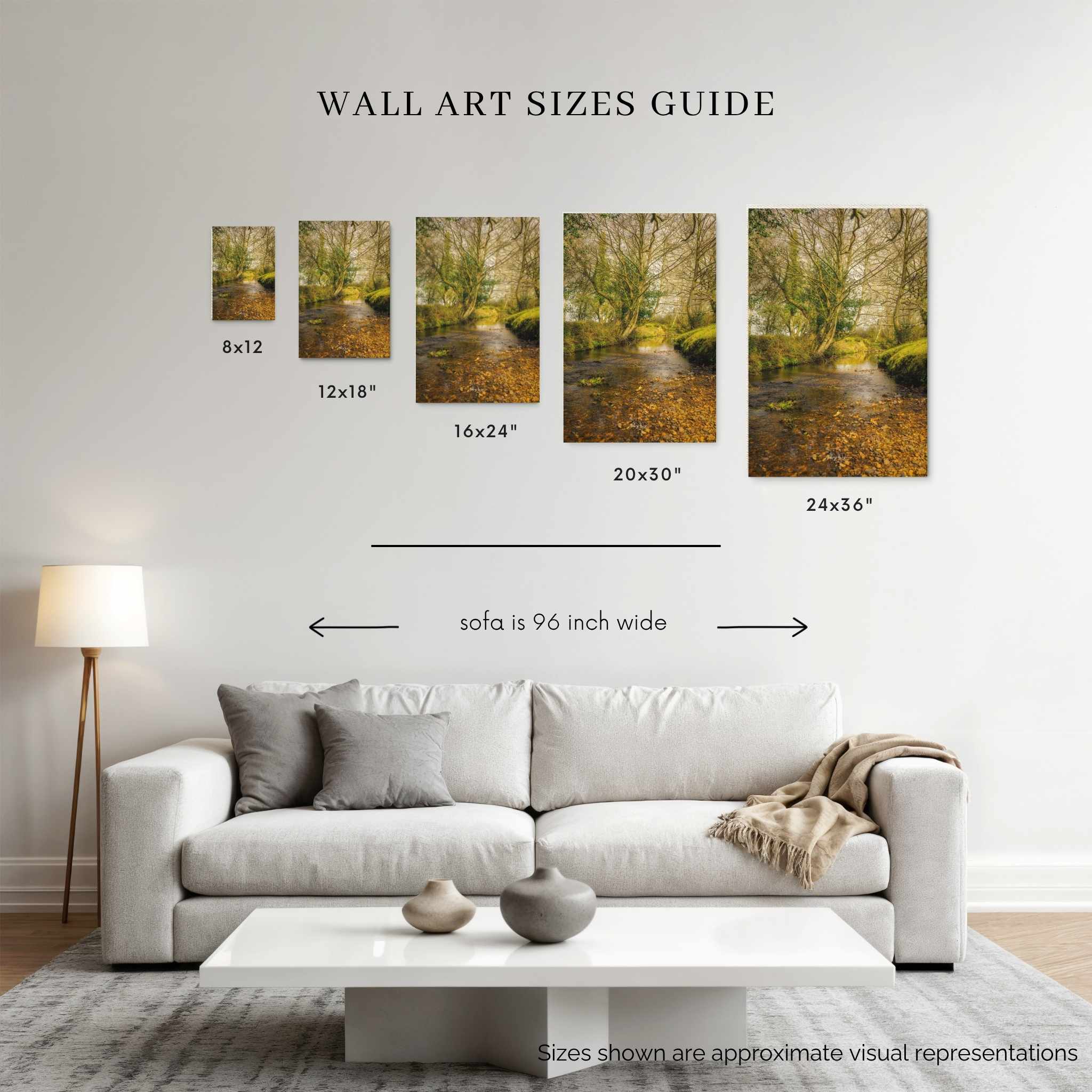 Wall art size guide for A Lazy Creek in the New Forest showing 8x12, 12x18, 16x24, 20x30 and 24x36 print sizes above a 96-inch sofa.