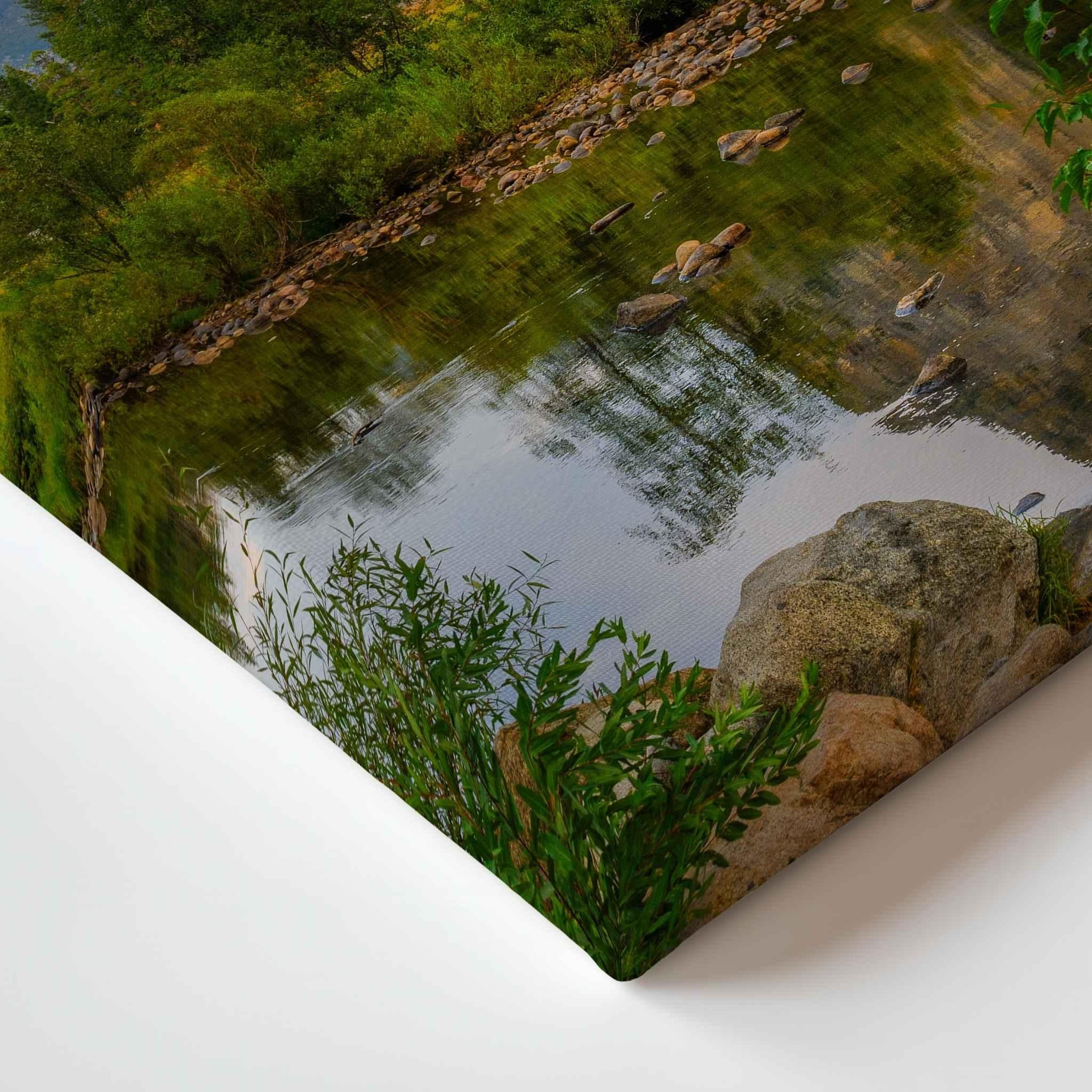 Close-up of the gallery-wrapped canvas corner for A majestic day in Yosemite Valley, National Park, California, showcasing the wrapped edge and premium print quality of the redwood forest artwork by Abigail Diane Photography.