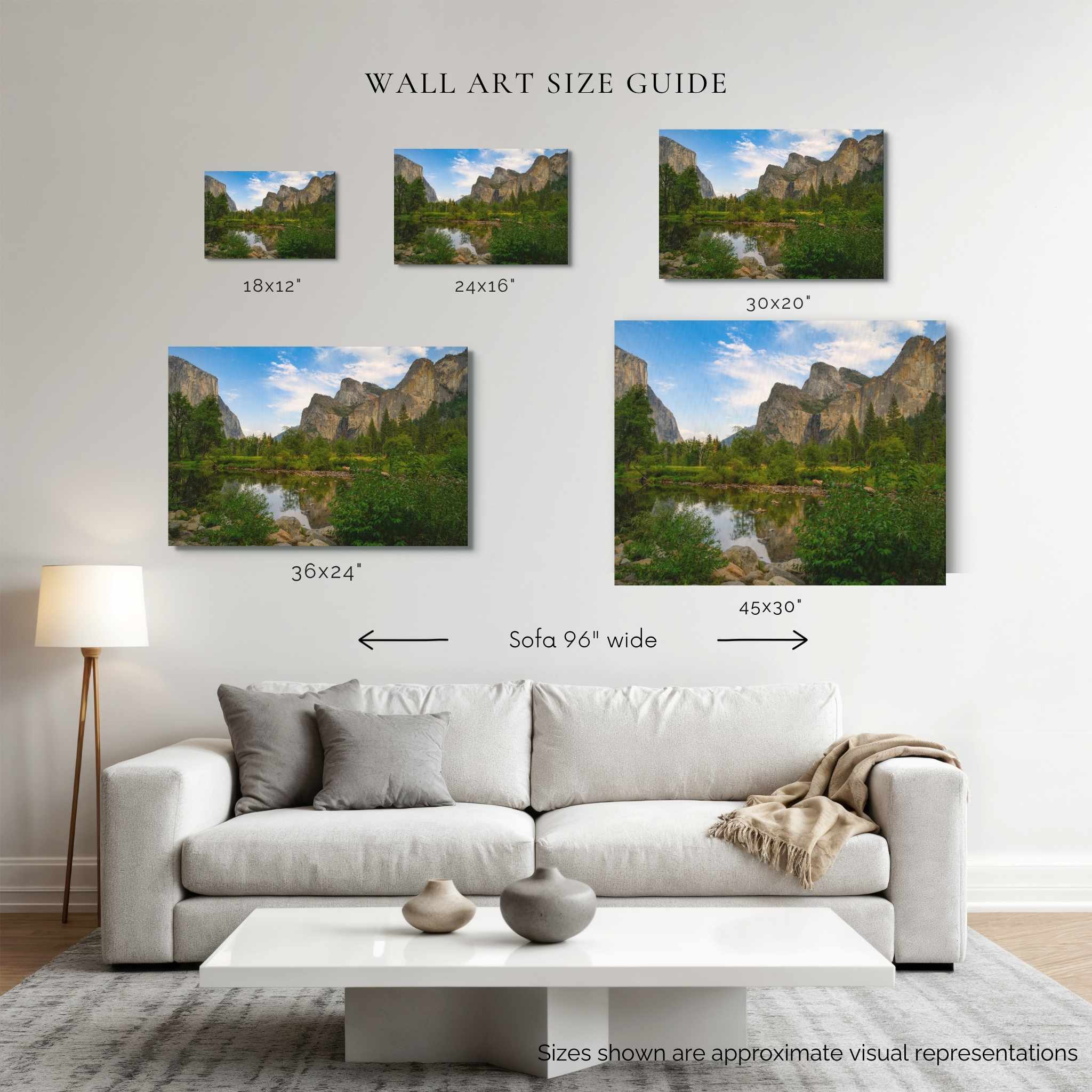 Wall art size guide showing a majestic day in Yosemite Valley National Park, California. Wall art displayed above a 96-inch sofa in 18 × 12, 24 × 16, 30 × 20, 36 × 24, and 45 × 30 inch canvas sizes by Abigail Diane Photography.