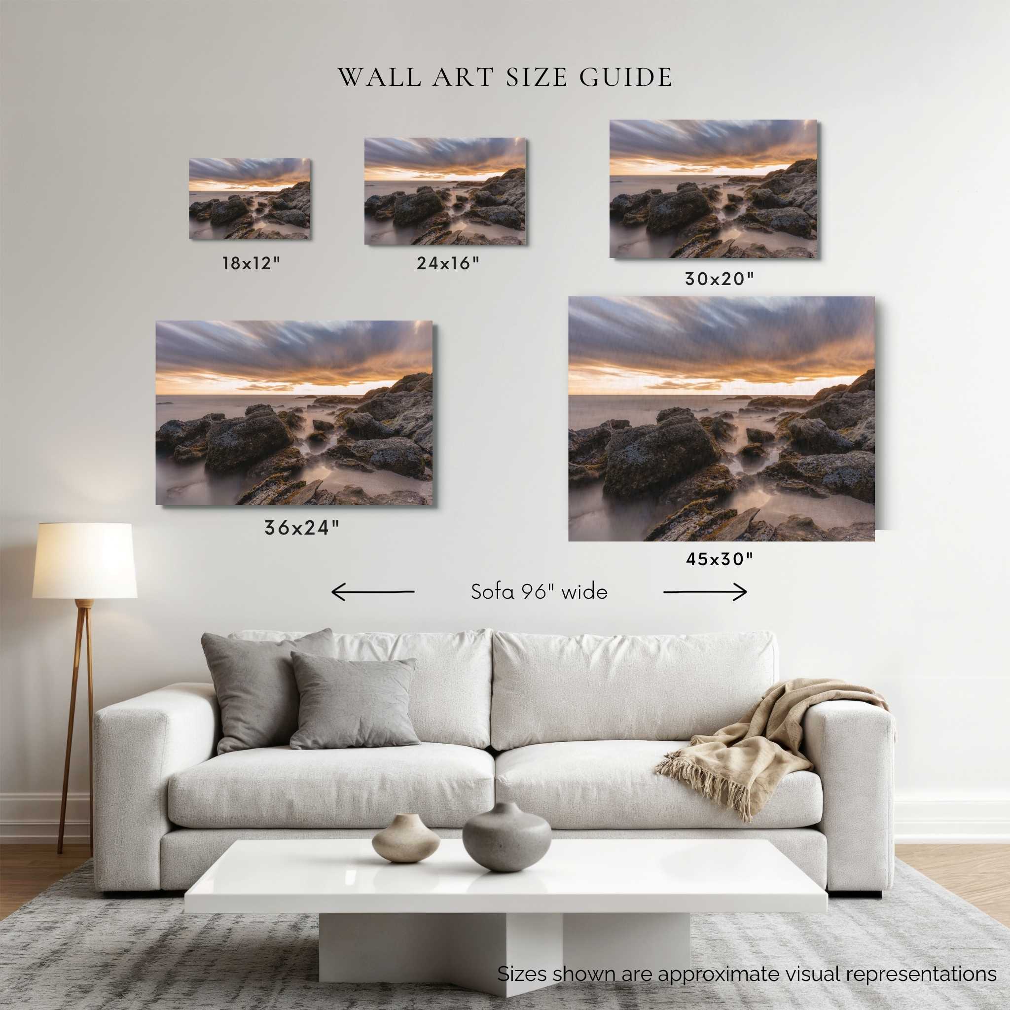 Wall art size guide showing After the Storm canvas print in 18×12, 24×16, 30×20, 36×24 and large statement sizes displayed above a 96-inch sofa for scale.