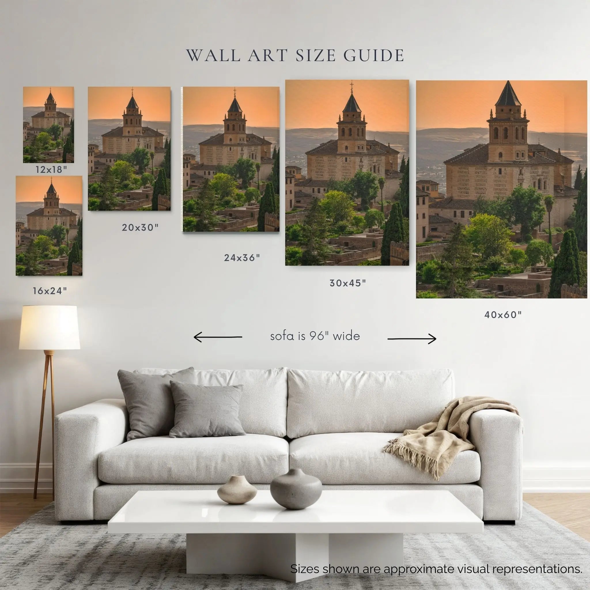 Wall art size guide for Alhambra sunset photography from Granada, Spain, showing print sizes from 12x18 to 40x60 above a 96-inch sofa.