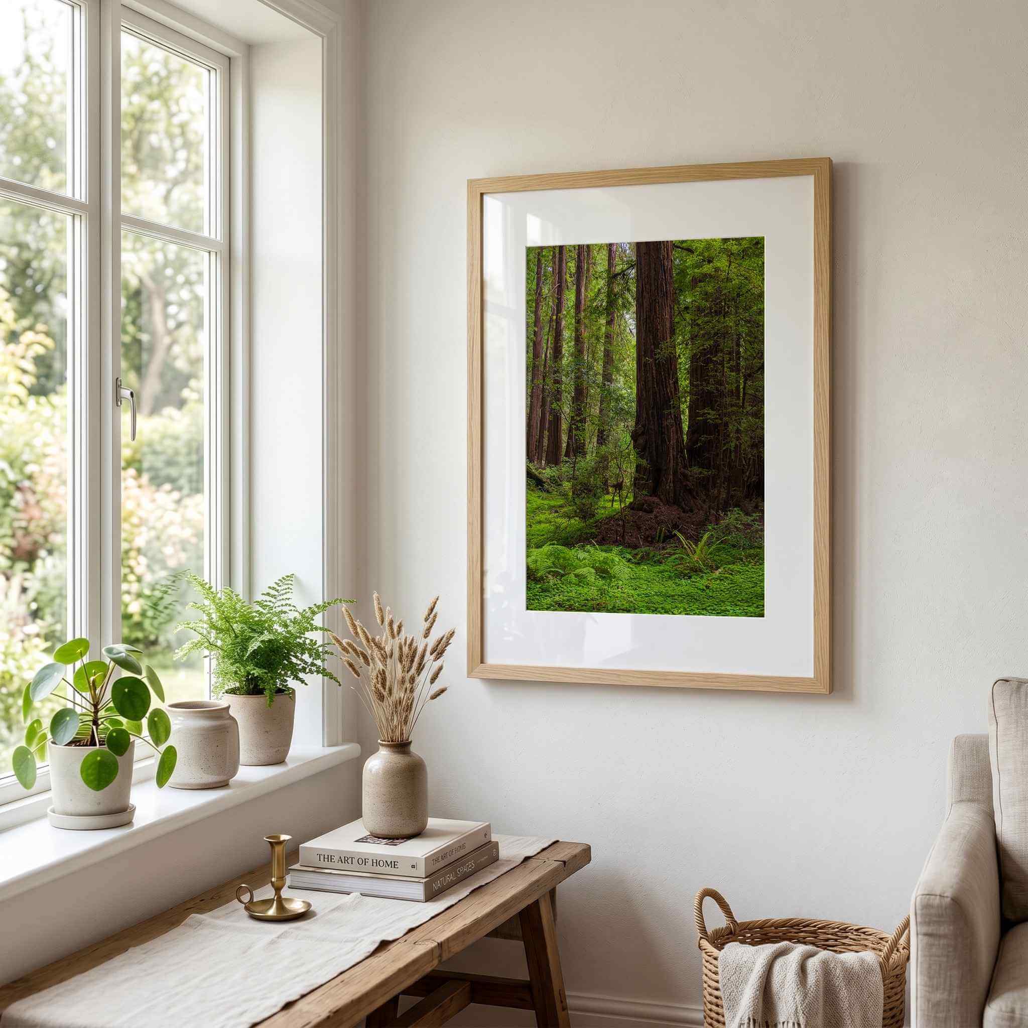 Ancient Stillness Among the Redwoods by Abigail Diane Photography displayed as a framed California redwood forest print above a rustic wood console table with ceramic vases, indoor plants, woven basket and soft neutral décor in a bright, tranquil living room.