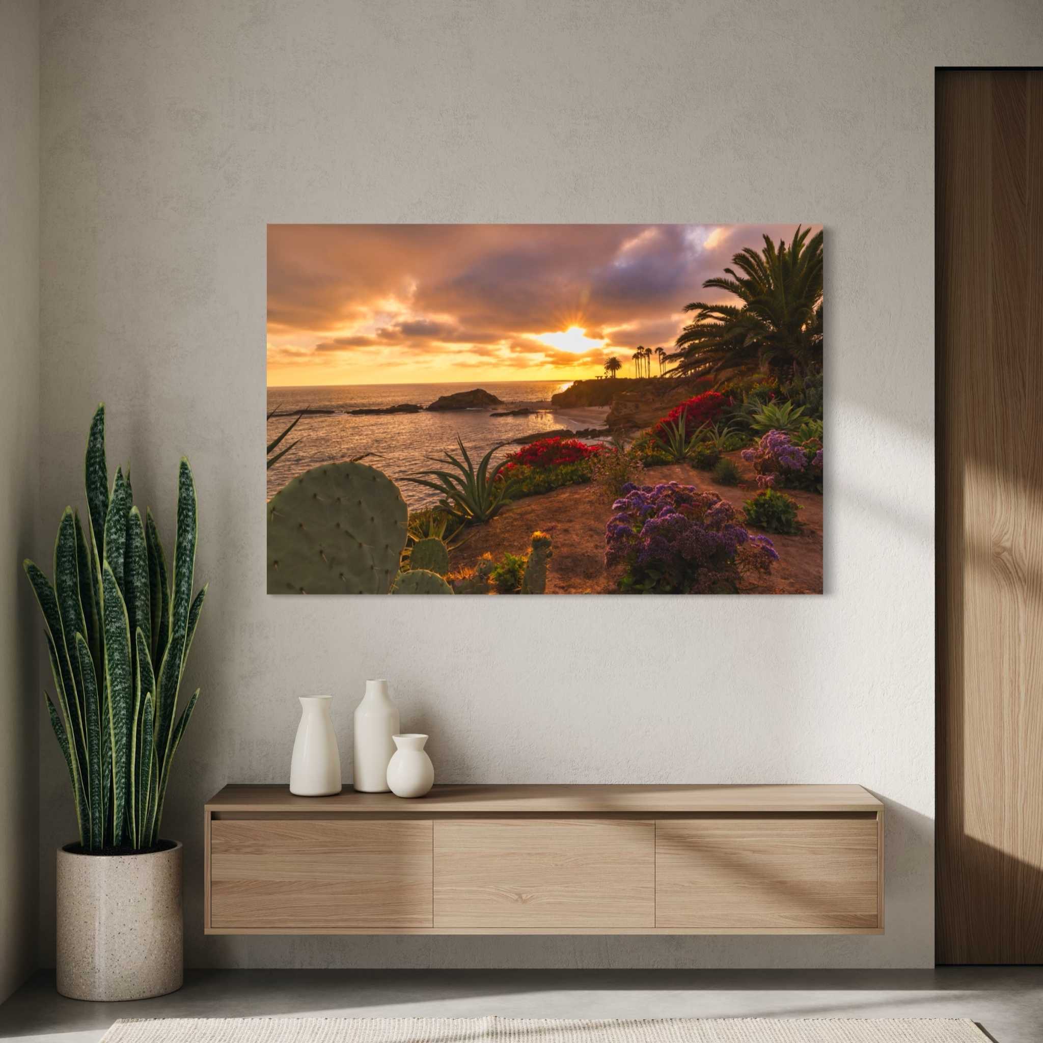 Basking in the Golden Sunset dye-sublimation metal print by Abigail Diane Photography displayed in a modern interior above a floating console, capturing the warm golden sunset over Laguna Beach California.