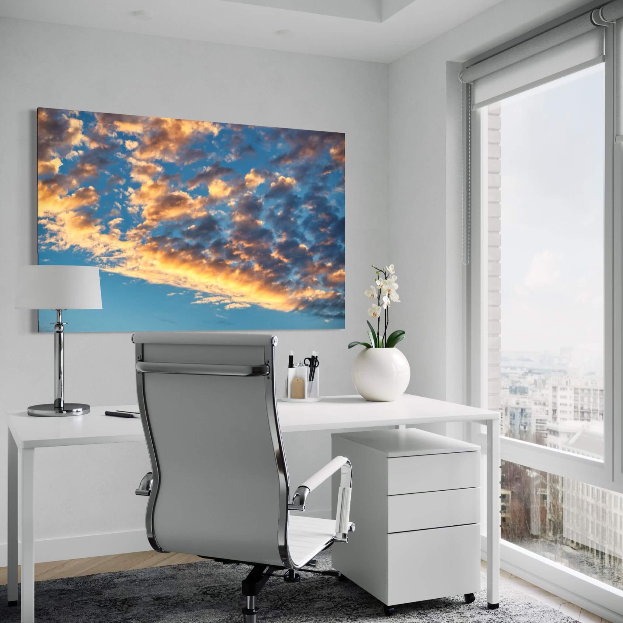 Blue and Gold Symphony metal wall art bringing vibrant blue and golden cloudscape colors into a bright modern home office. Photograph by Abigail Diane Photography.