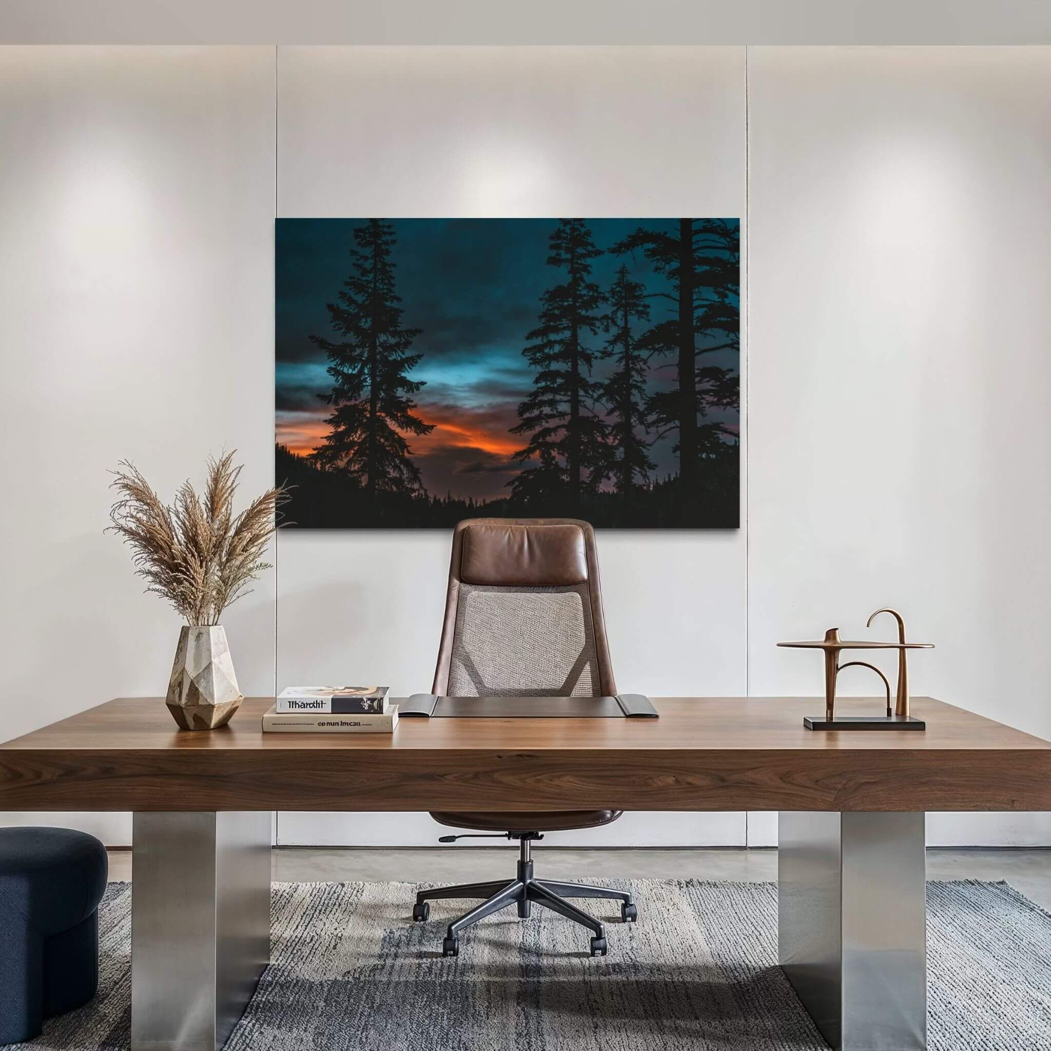Blue Hour Among the Pines forest sunset wall art displayed in a modern executive office above a walnut desk, adding dramatic woodland color and a calming atmosphere.