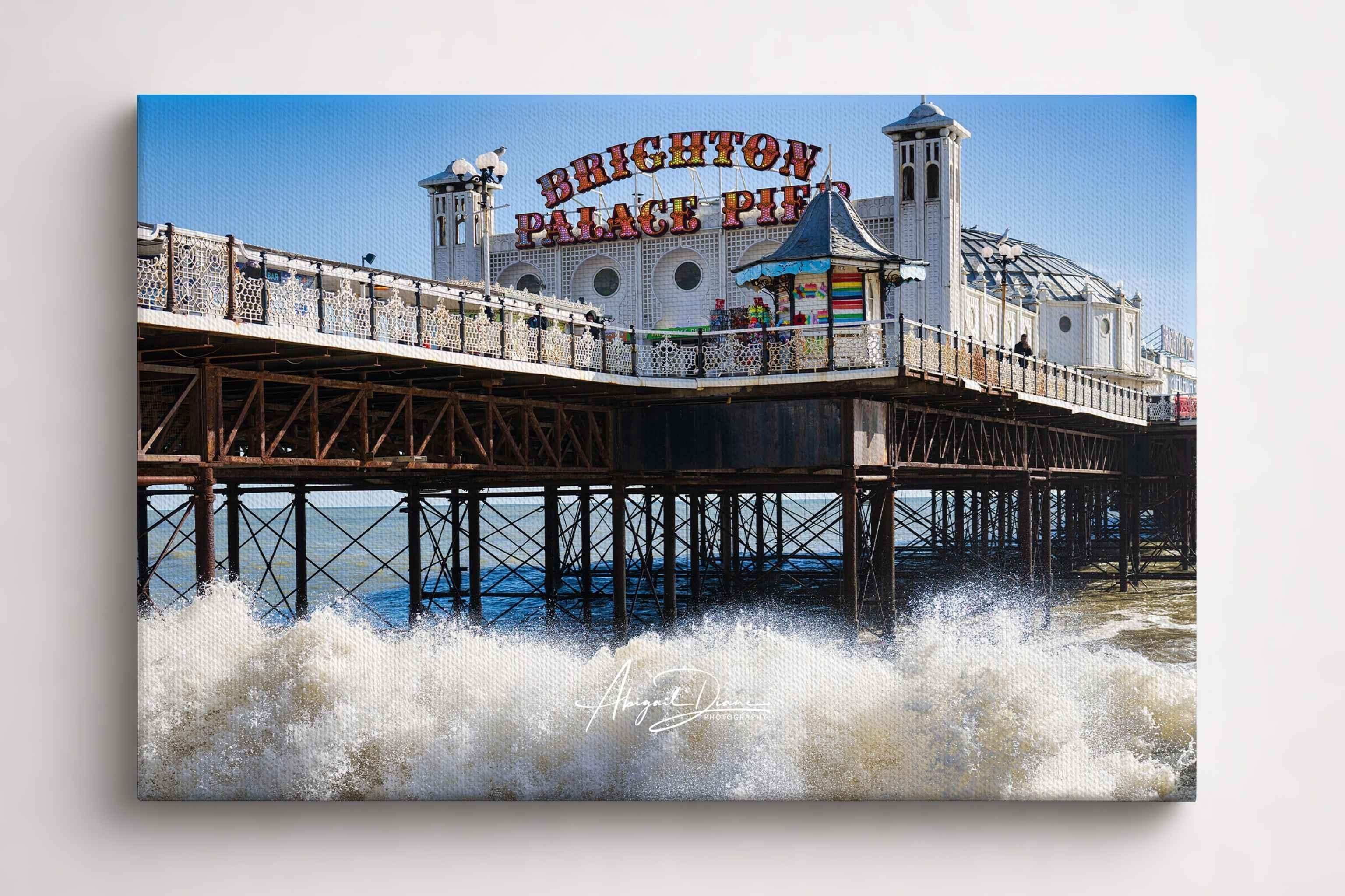 Brighton Palace Pier with waves crashing beneath the Victorian pier on the Sussex coast in Brighton, England. Gallery-wrapped canvas coastal wall art by Abigail Diane Photography.