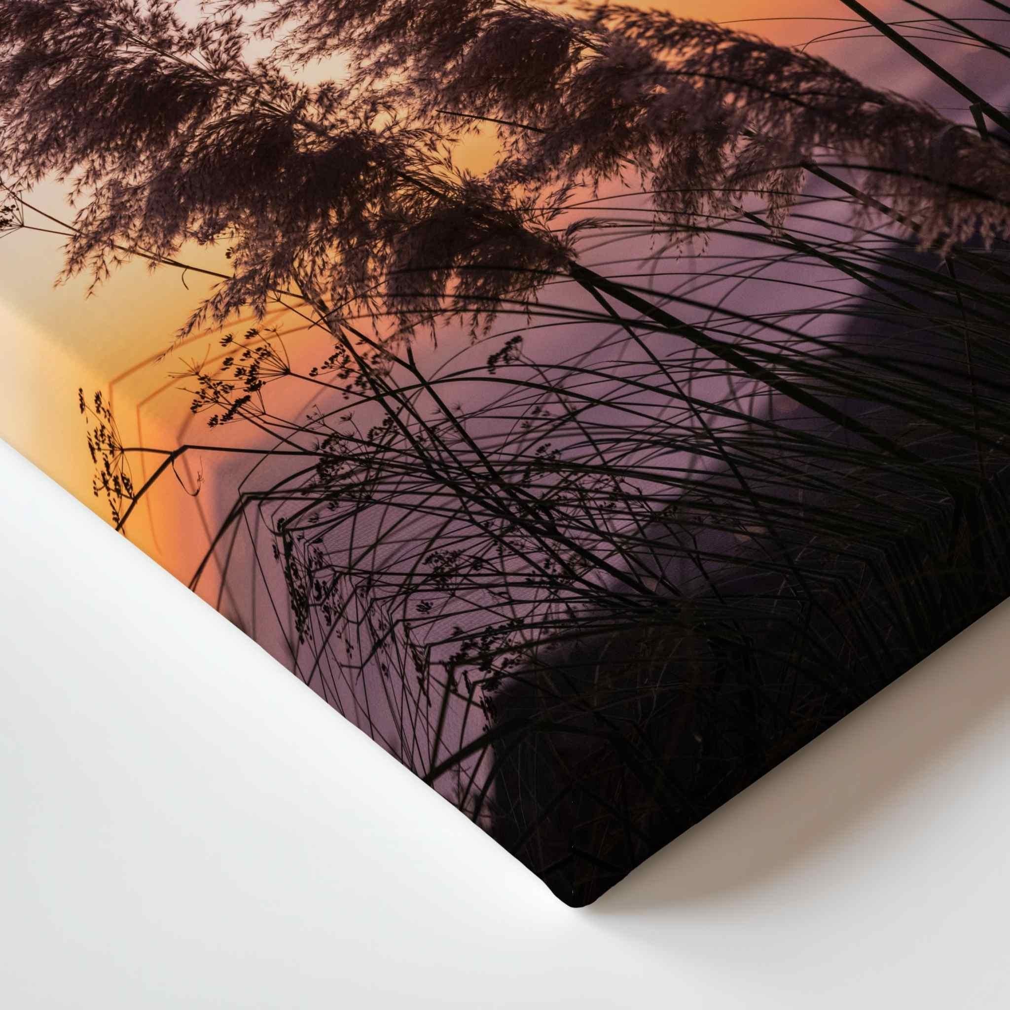 Close-up detail of a California coastal pampas grass sunset canvas print by Abigail Diane Photography, featuring silhouetted grasses against a soft purple and golden sunset sky.