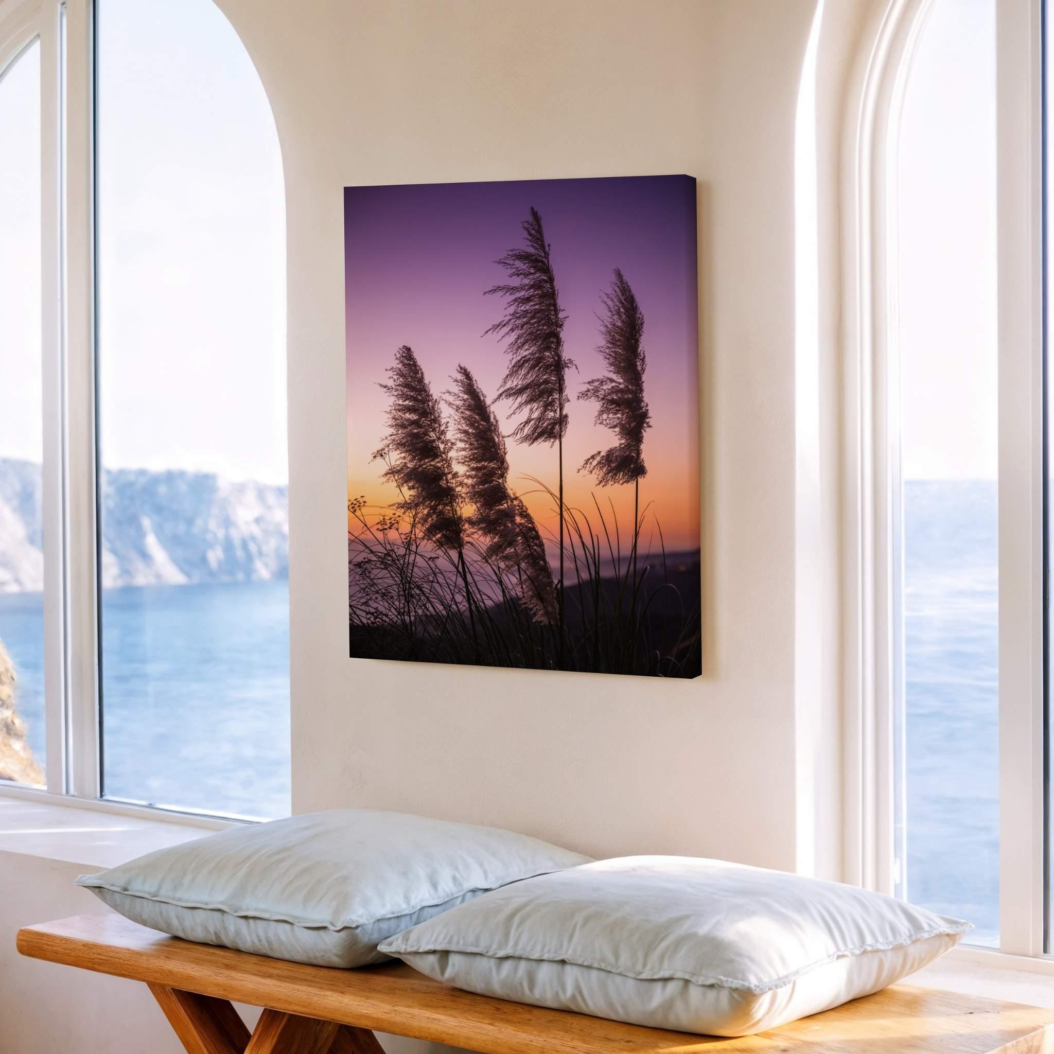 California coastal pampas grass sunset wall art by Abigail Diane Photography displayed in a serene beach house interior overlooking the ocean, with warm sunset tones and coastal décor.