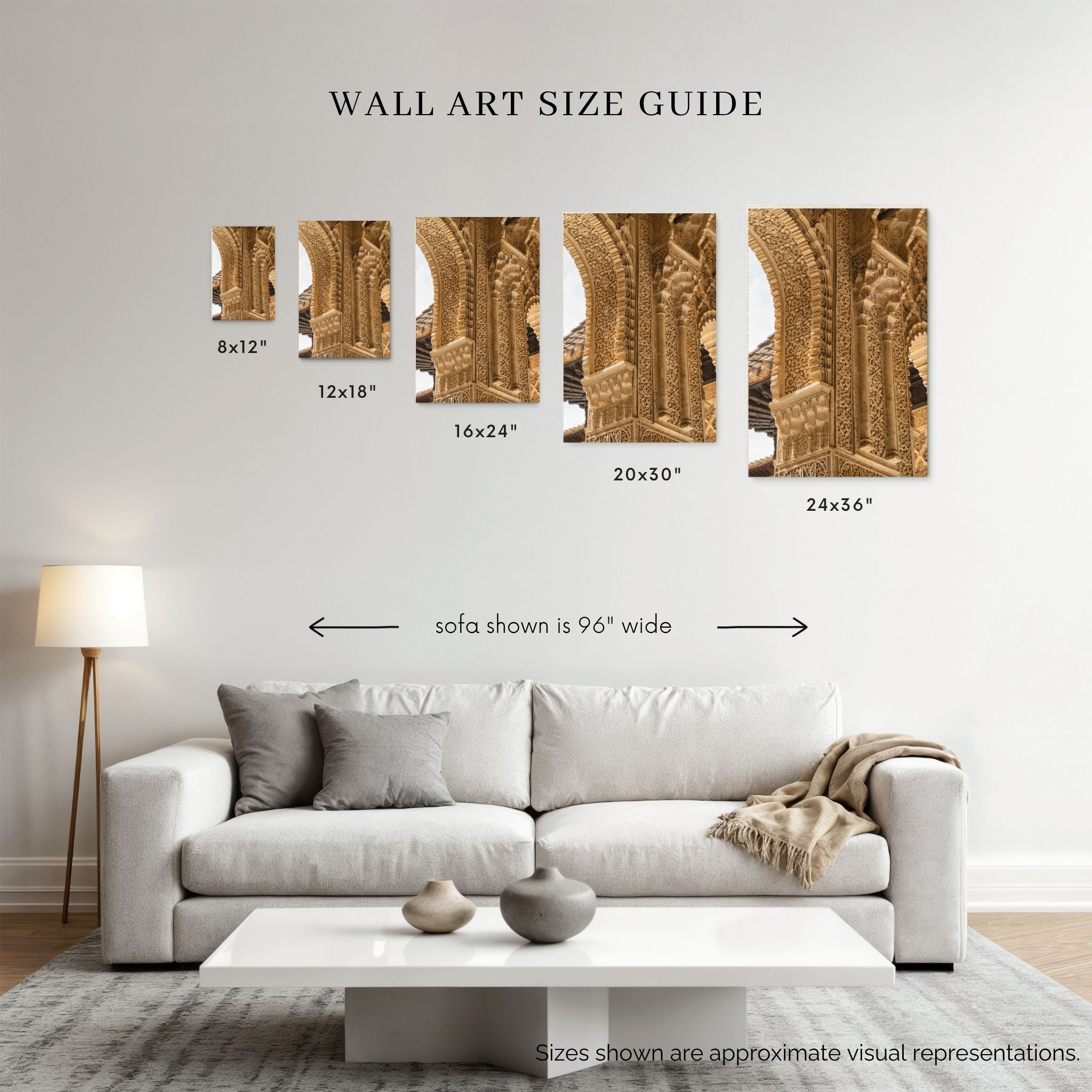 Carved Arches of the Alhambra fine art print wall art size guide showing 8x12, 12x18, 16x24, 20x30 and 24x36 inch sizes – Abigail Diane Photography