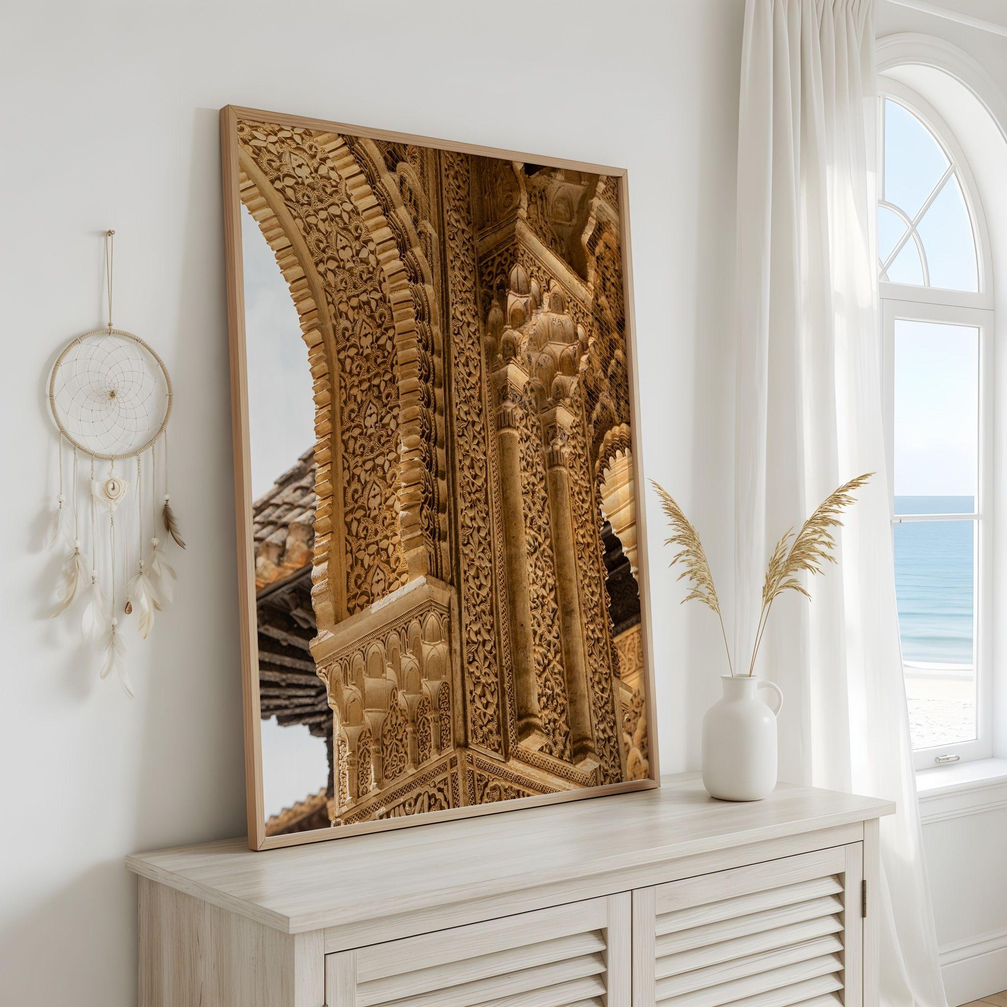 Carved Arches of the Alhambra framed fine art print displayed in a bright neutral interior, featuring intricate Nasrid Palace arches and carvings at the Alhambra in Granada, Spain – Abigail Diane Photography
