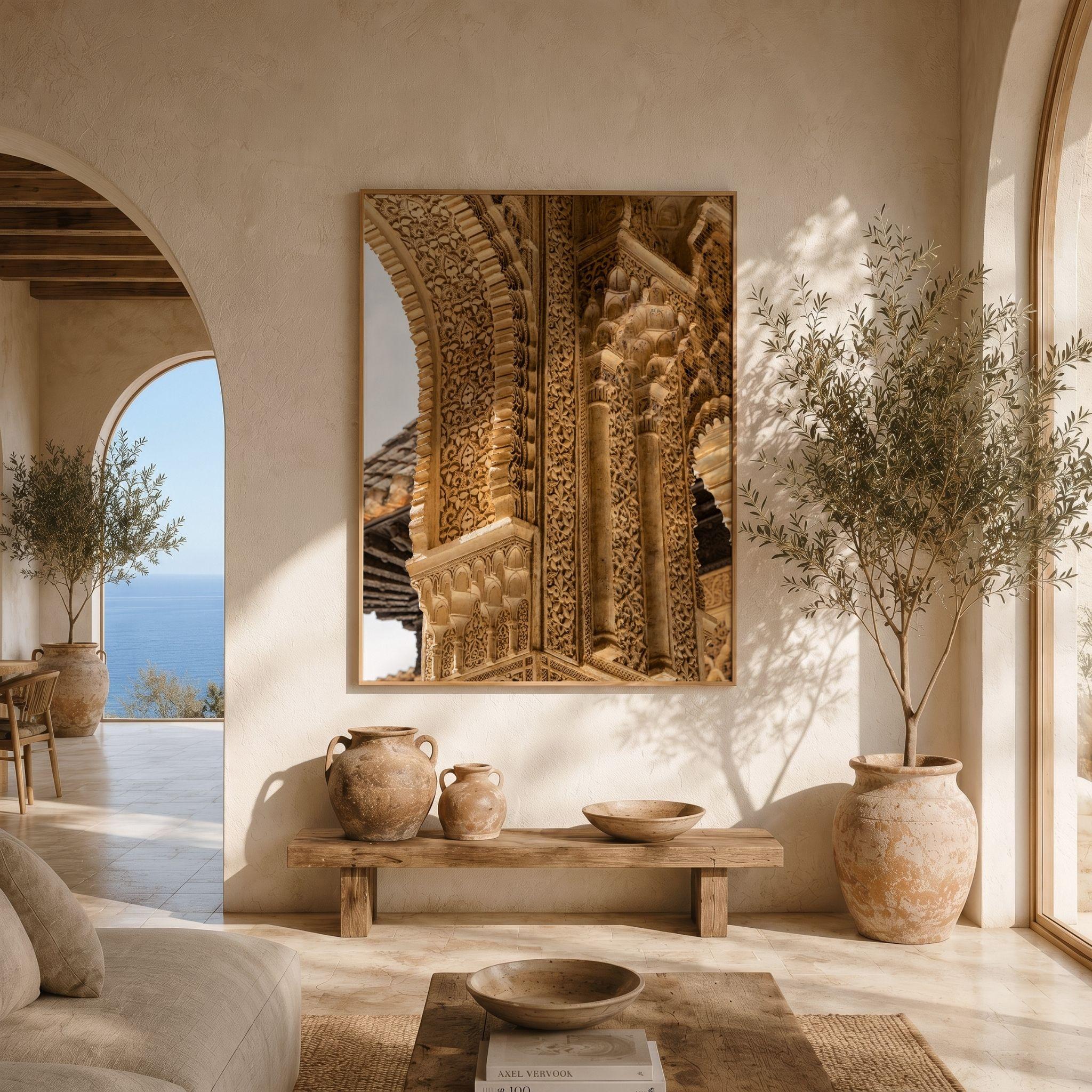 Carved Arches of the Alhambra framed fine art print displayed in a warm Mediterranean-style interior, featuring intricate Nasrid Palace carvings in Granada, Spain – Abigail Diane Photography