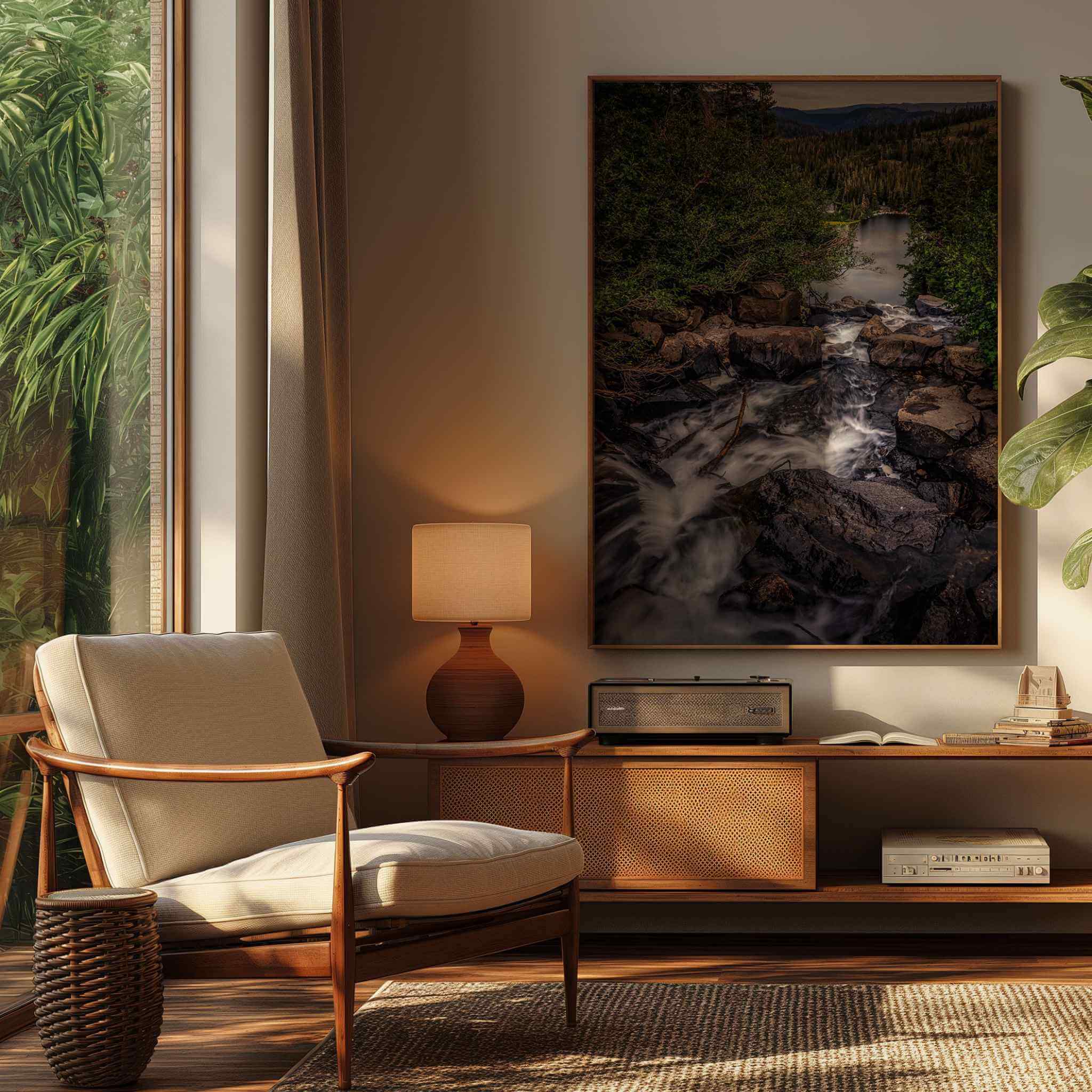 Cascading Into Stillness fine art print featuring a mountain waterfall in Mammoth Lakes, California, displayed in a warm modern living room.