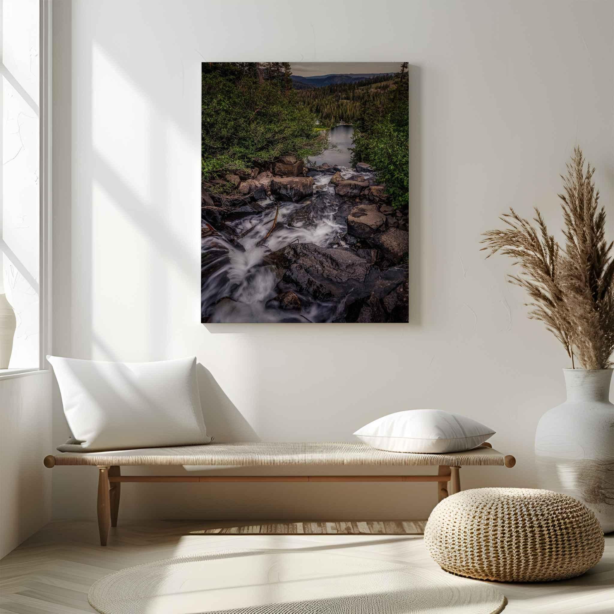 Cascading into Stillness HD metal print featuring a flowing mountain cascade in Mammoth Lakes, California, displayed in a serene neutral modern interior.
