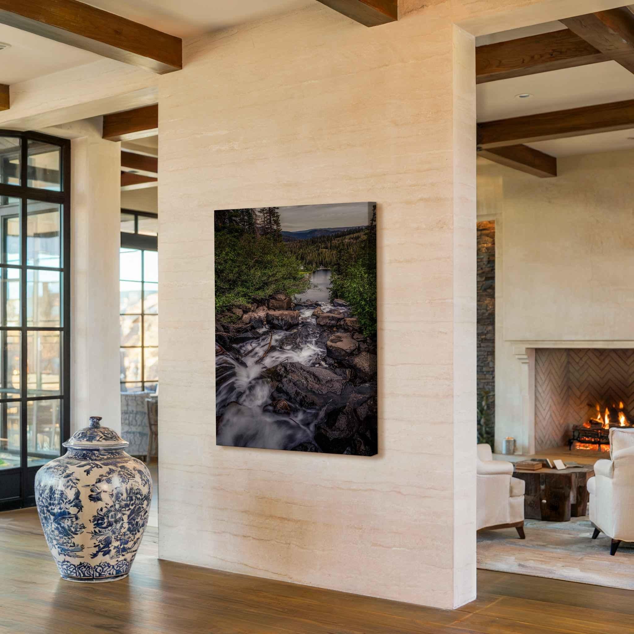 Cascading Into Stillness canvas print of Twin Falls in Mammoth Lakes, California, displayed in a warm minimalist interior.