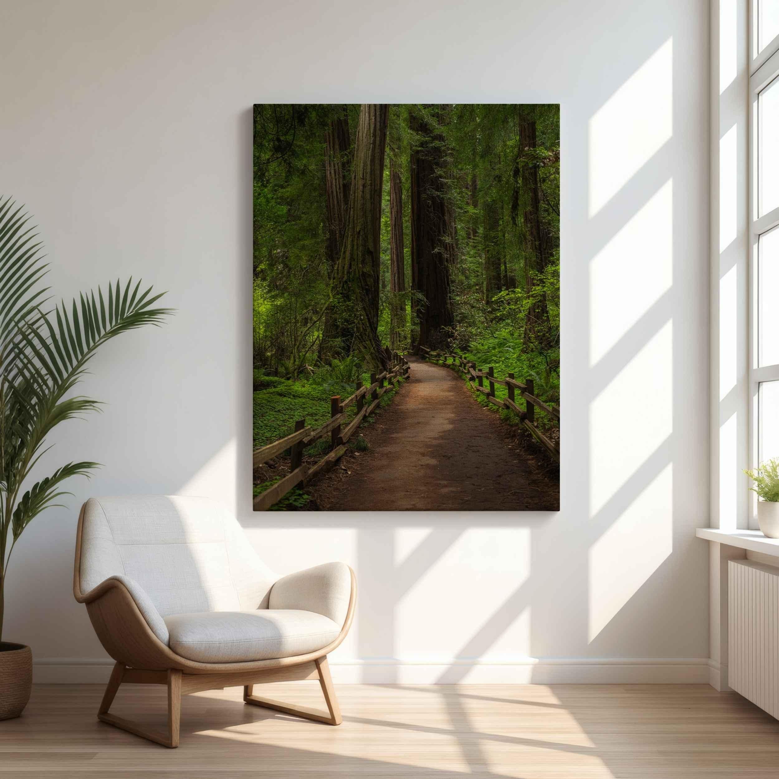 Gallery wrapped canvas print of Cathedral of Giants featuring the towering redwoods of Muir Woods National Monument, California, displayed above a modern reading chair in a bright contemporary room with natural sunlight, showcasing premium forest wall art by Abigail Diane Photography.