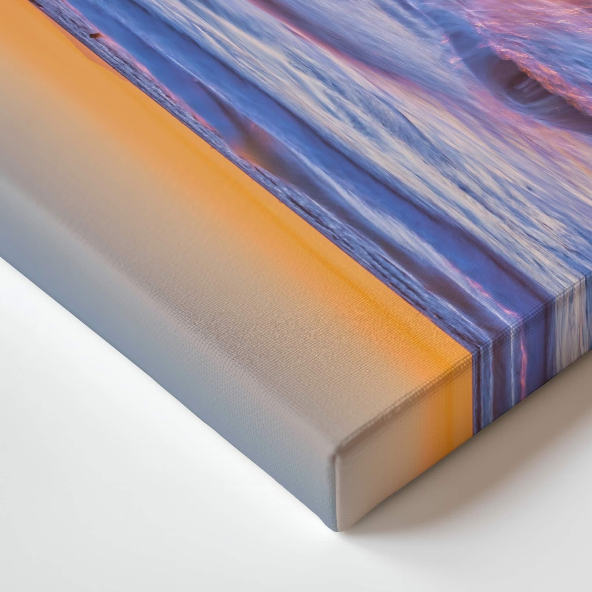 Close-up of Cotton Candy Sunset gallery-wrapped canvas corner featuring pastel pink and peach winter sunset colours over La Jolla, California.