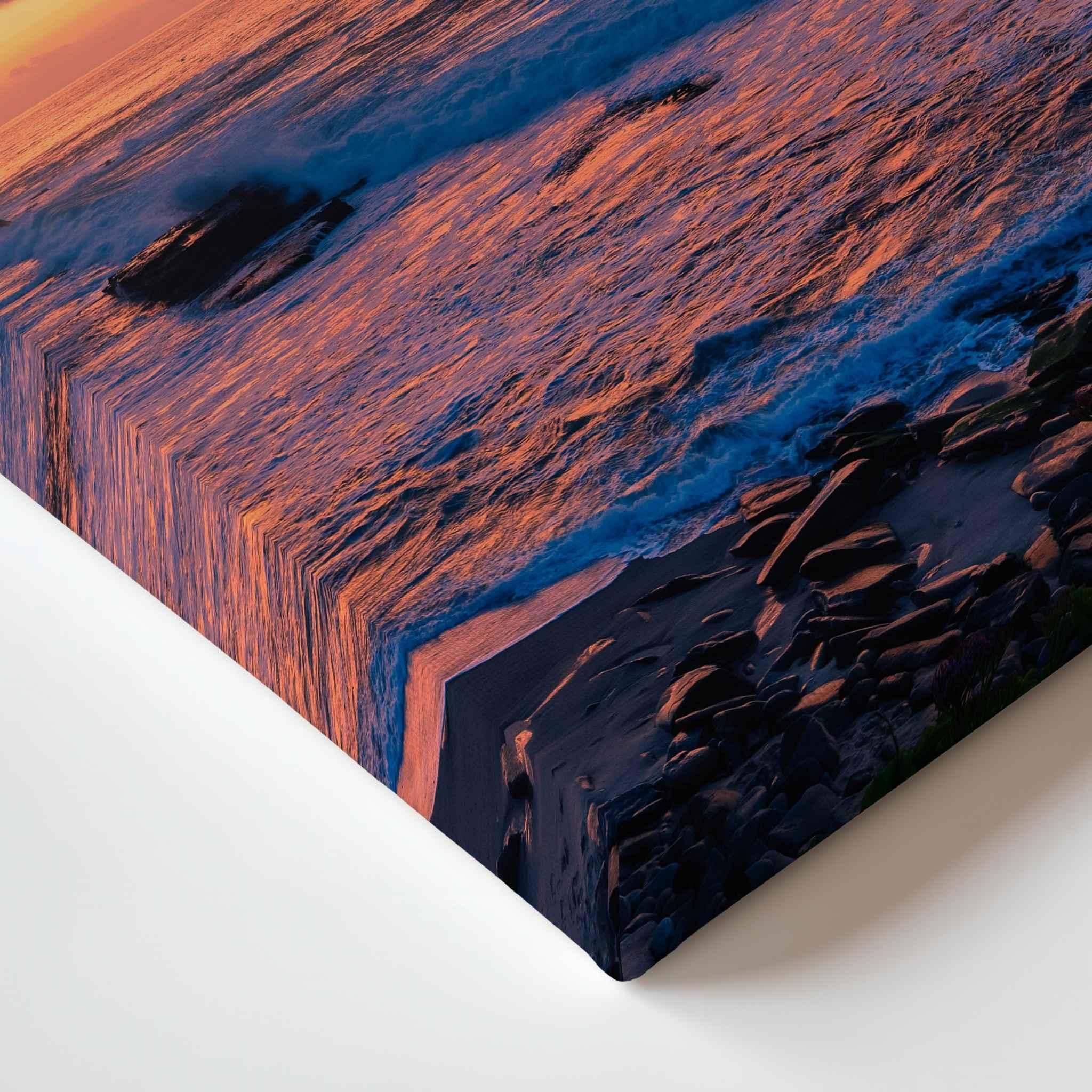 Close-up of Cotton Candy Sunset gallery-wrapped canvas corner featuring pastel pink and peach winter sunset colours over La Jolla, California.