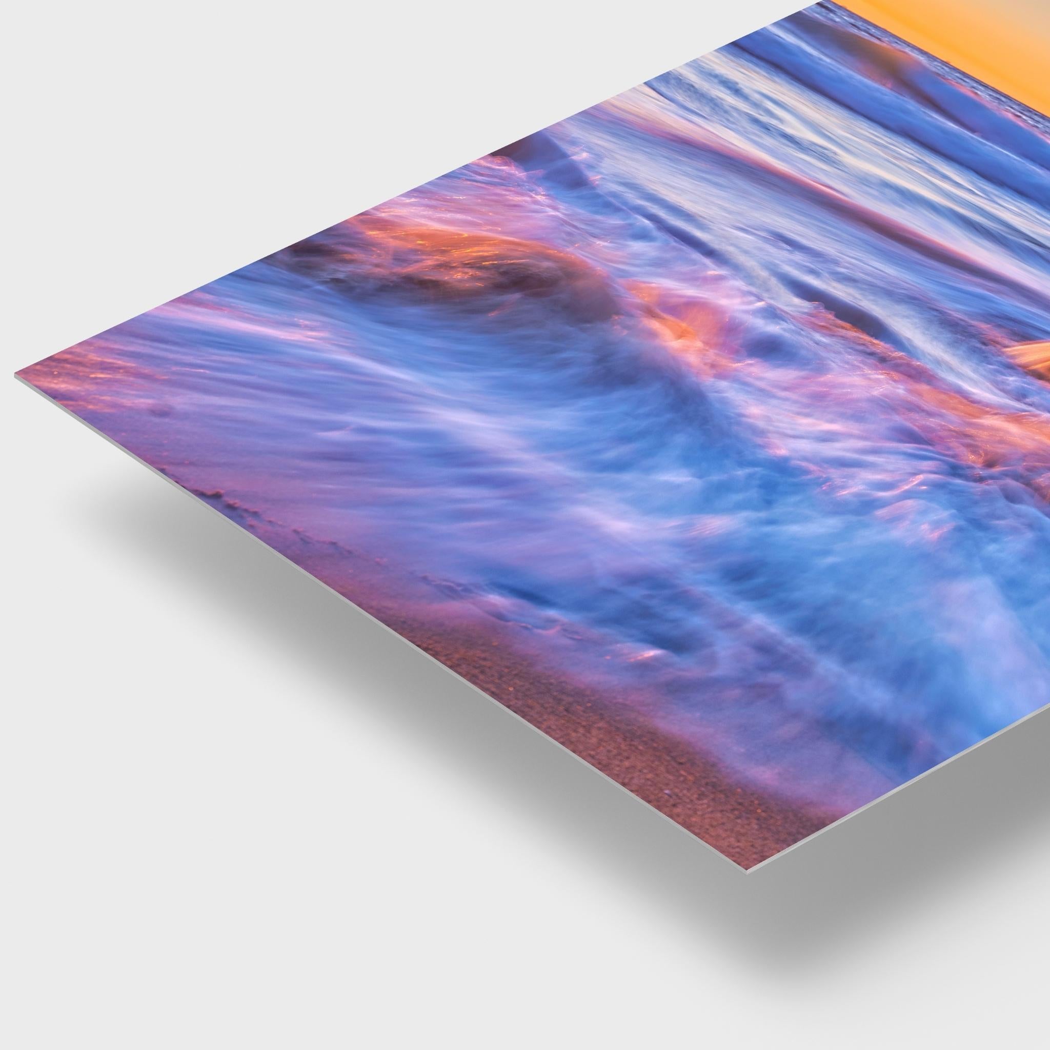 Cotton Candy Waves dye-sublimation metal print by Abigail Diane Photography featuring soft pastel waves flowing across the shoreline at sunset in Laguna Beach, California.