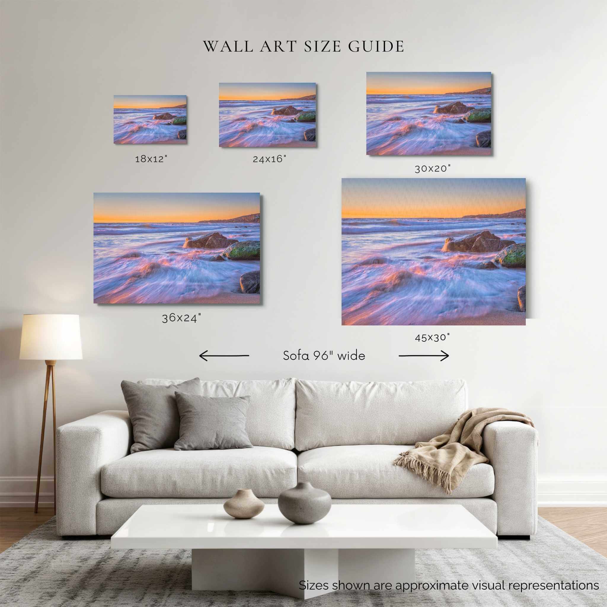 Wall art size guide showing cotton candy waves displayed above a 96-inch sofa in 18 × 12, 24 × 16, 30 × 20, 36 × 24, and 45 × 30 inch canvas sizes by Abigail Diane Photography.