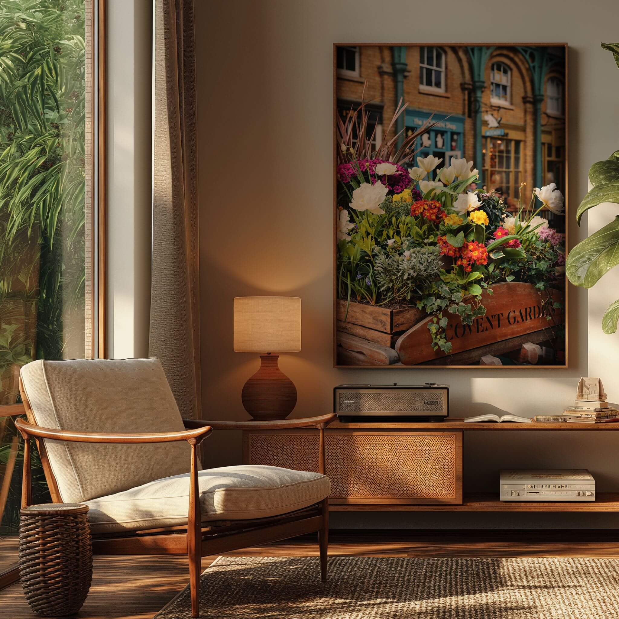 Covent Garden in Bloom fine art print displayed in a warm contemporary living room, featuring vibrant spring flowers and historic Covent Garden architecture in London.