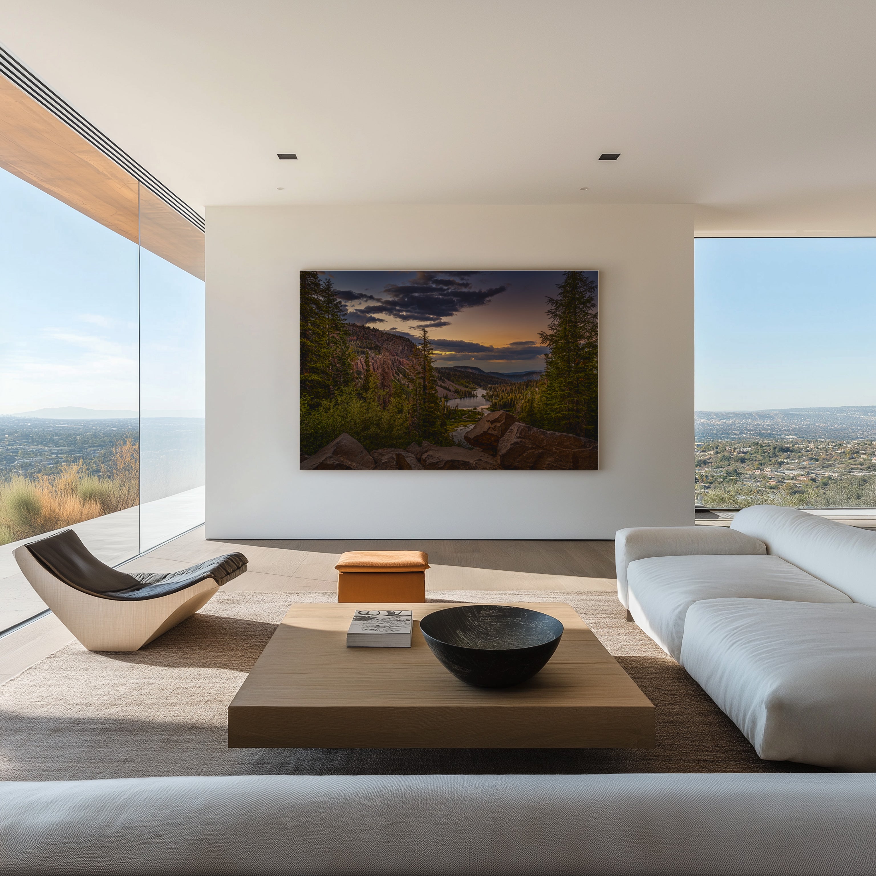 Twin Lakes in the Eastern Sierras California sunset HD metal print featuring a mountain lake, pine forest and dramatic evening sky, displayed in a luxury modern living room.