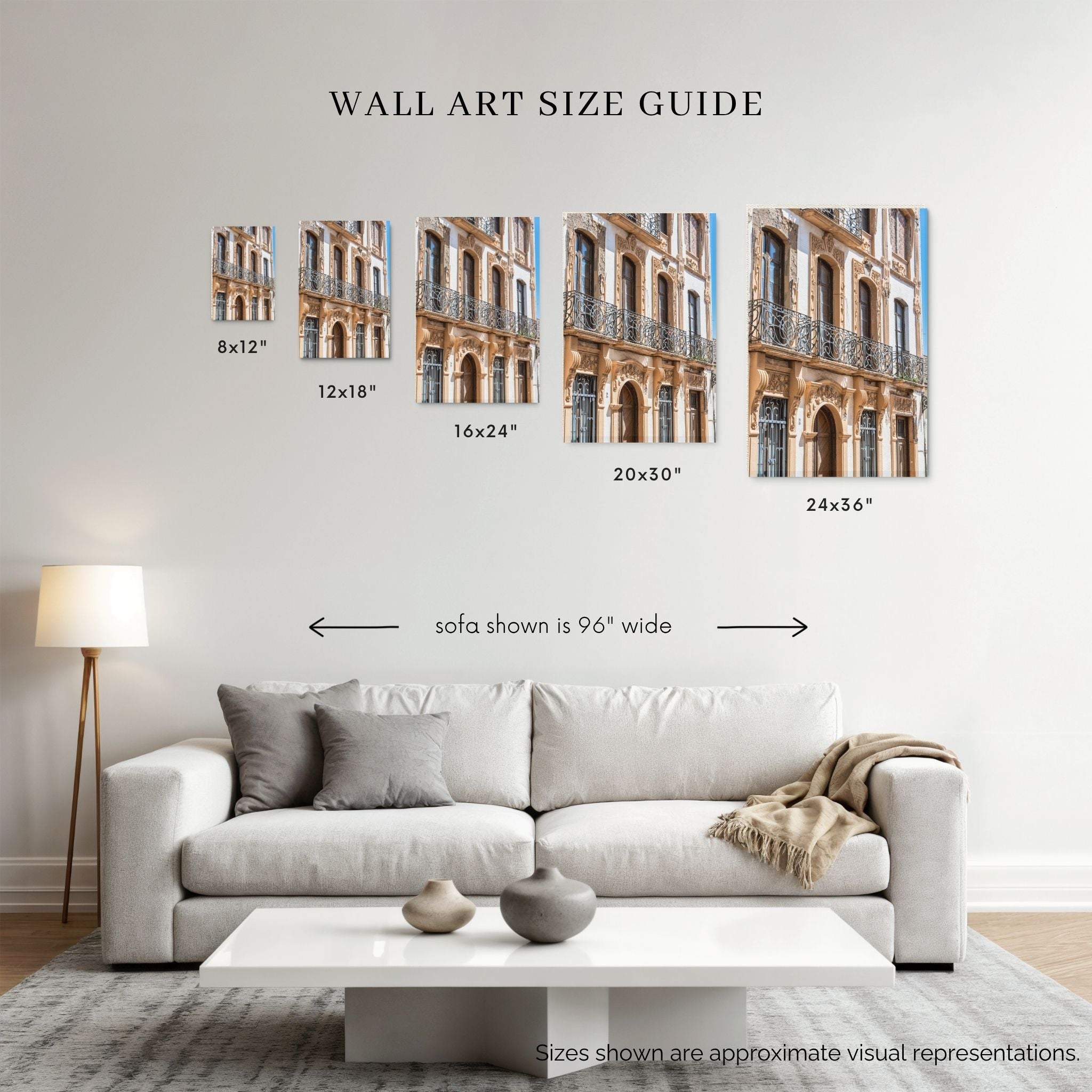 Elegance of Ronda fine art print wall art size guide showing 8x12, 12x18, 16x24, 20x30 and 24x36 inch sizes – Abigail Diane Photography.