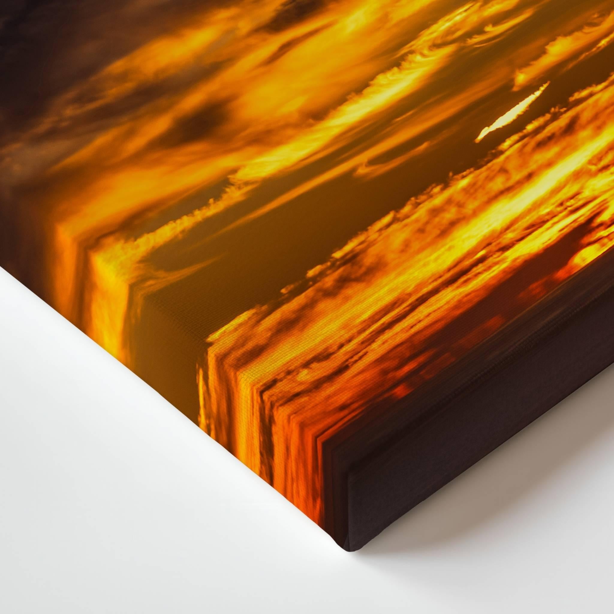 Close-up of Gleaming golden clouds as a gallery-wrapped canvas corner highlighting warm golden light and dramatic evening clouds.
