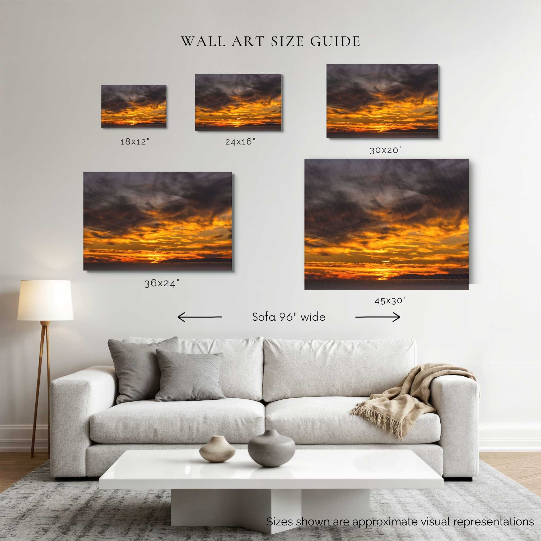 Wall art size guide showing gleaming golden sunset wall art displayed above a 96-inch sofa in 18 × 12, 24 × 16, 30 × 20, 36 × 24, and 45 × 30 inch canvas sizes by Abigail Diane Photography.