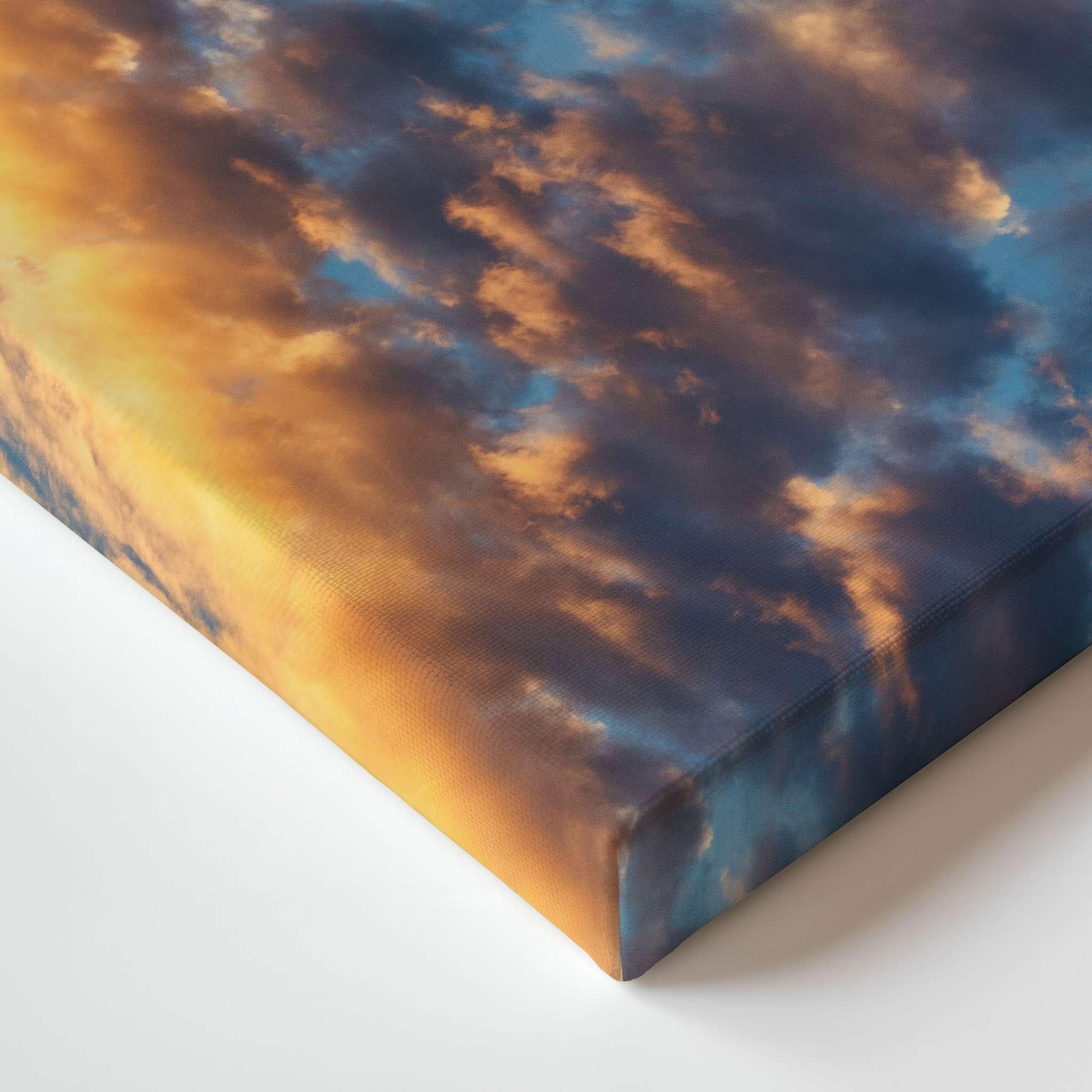 Close-up of Gold and Blue Symphony of the Sky gallery-wrapped canvas corner featuring golden clouds and deep blue sky wrapped around the canvas edges.