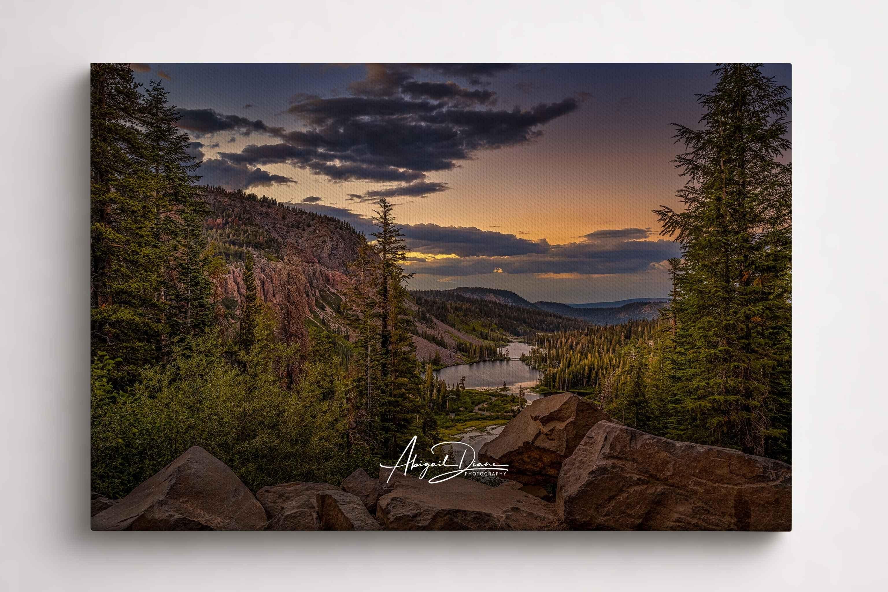Golden hour landscape overlooking Twin Lakes surrounded by pine-covered mountains in Mammoth Lakes, Eastern Sierra, California, displayed as a gallery-wrapped canvas print.