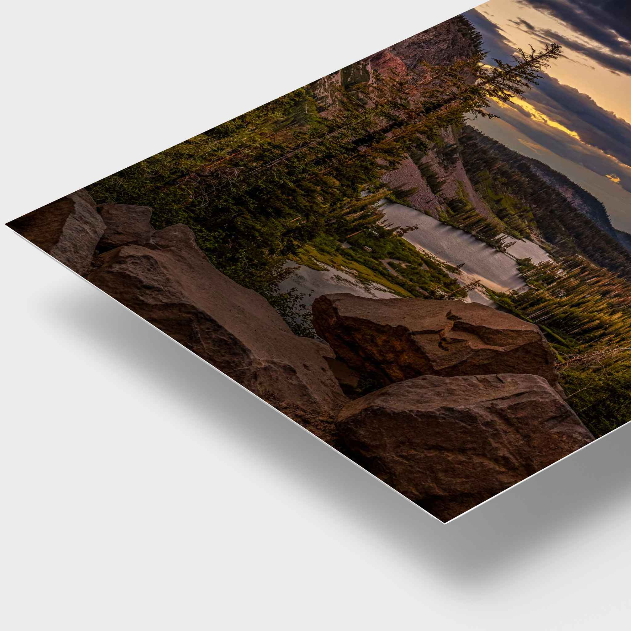 Golden Hour Above Twin Lakes HD metal print close-up featuring the warm sunset, alpine lakes, rugged rocks, and pine forest of Mammoth Lakes in California’s Eastern Sierra taken by Abigail Diane Photography.