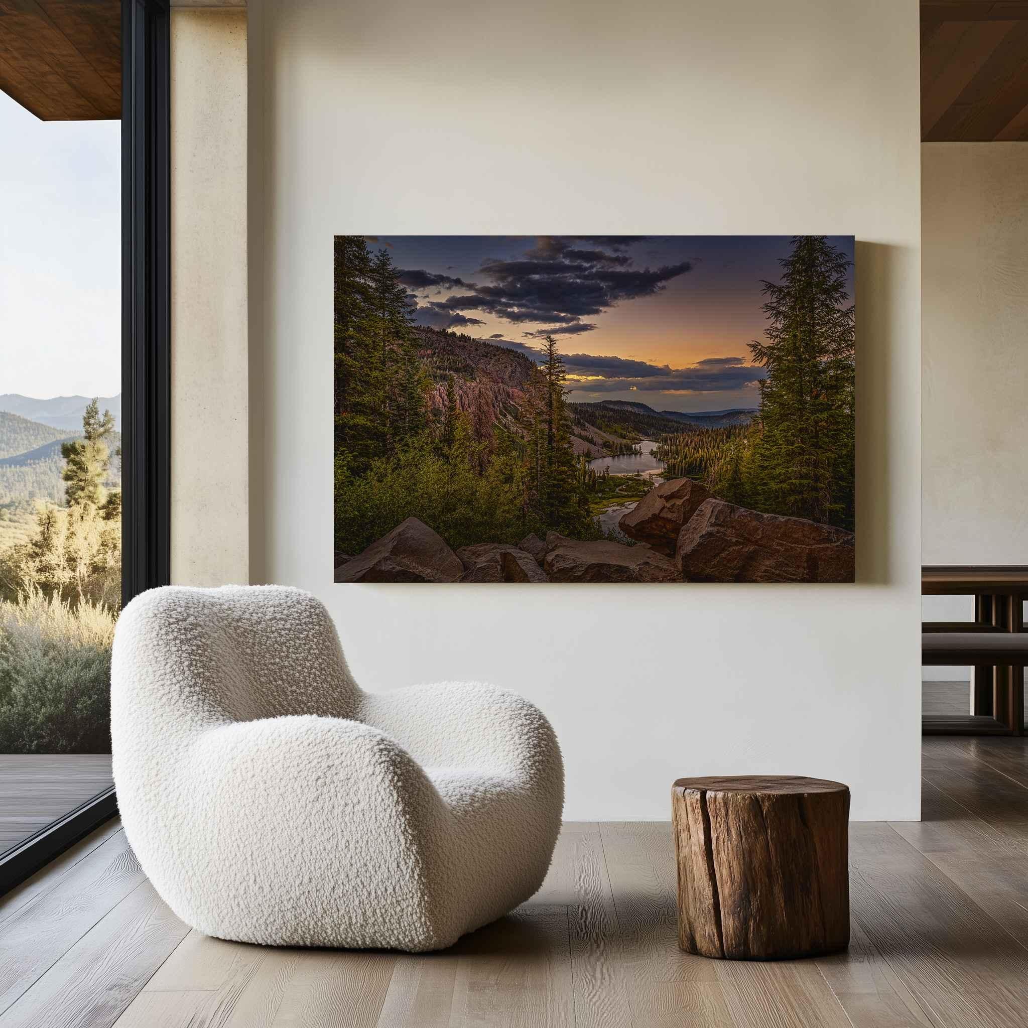 Golden Hour Above Twin Lakes metal print displayed in a modern neutral interior with a cream boucle chair and natural wood accents.