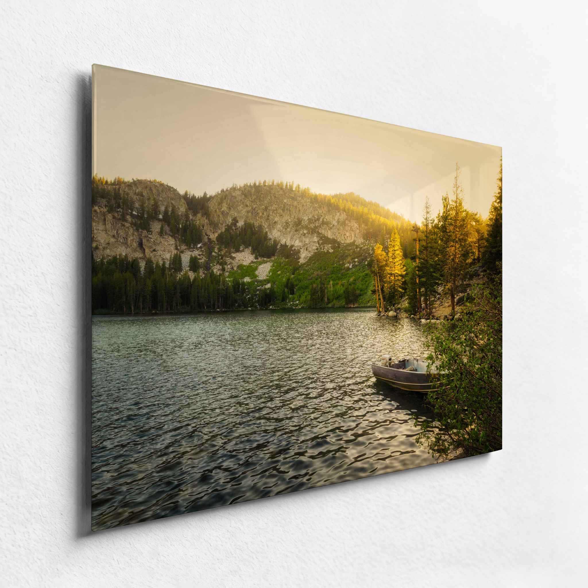 Golden Hour Above Twin Lakes metal print shown from an angled side view, highlighting the sleek frameless profile and luminous finish of the artwork.