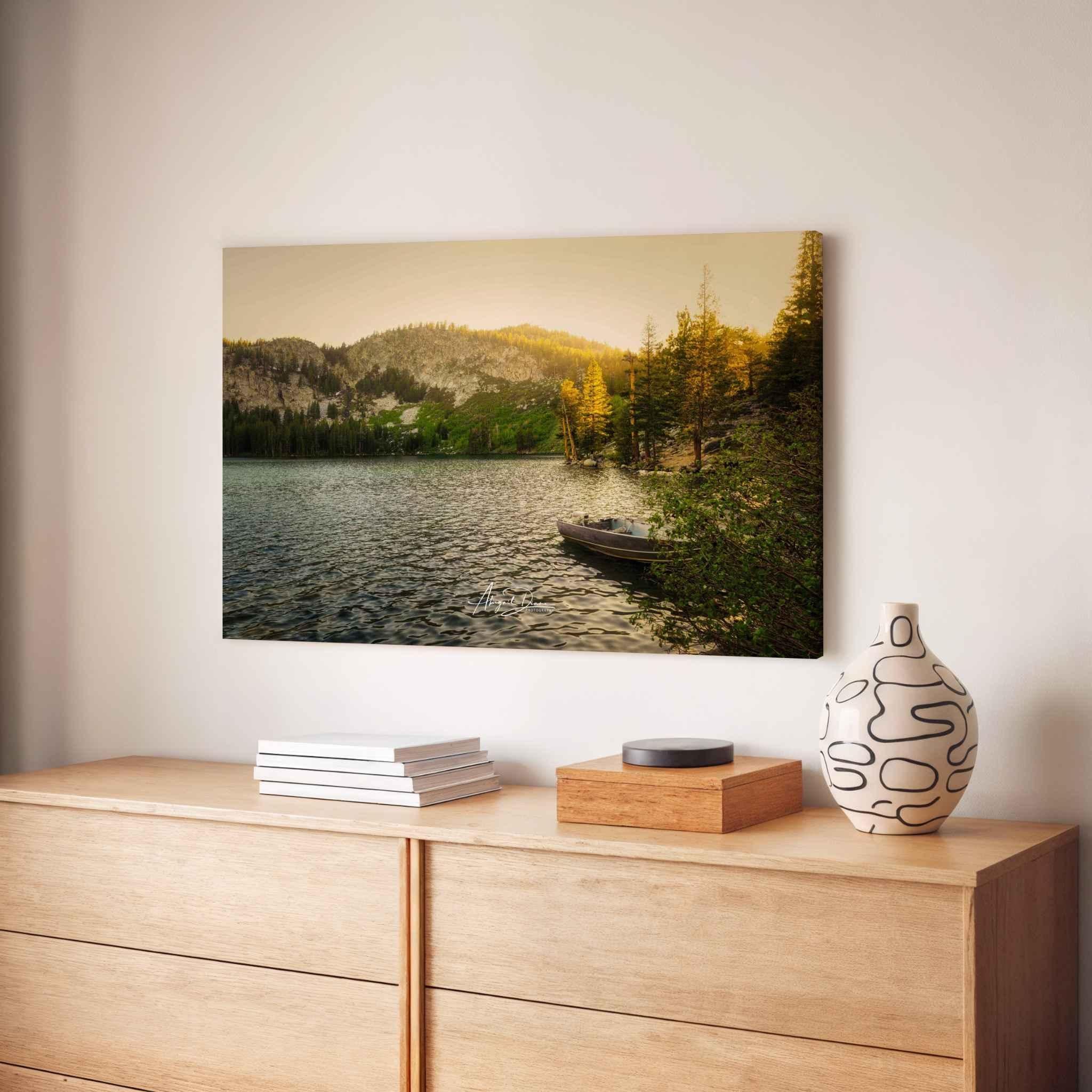 Golden Hour Alpine Lake canvas print featuring Lake George in Mammoth Lakes, California, displayed above a natural wood credenza.