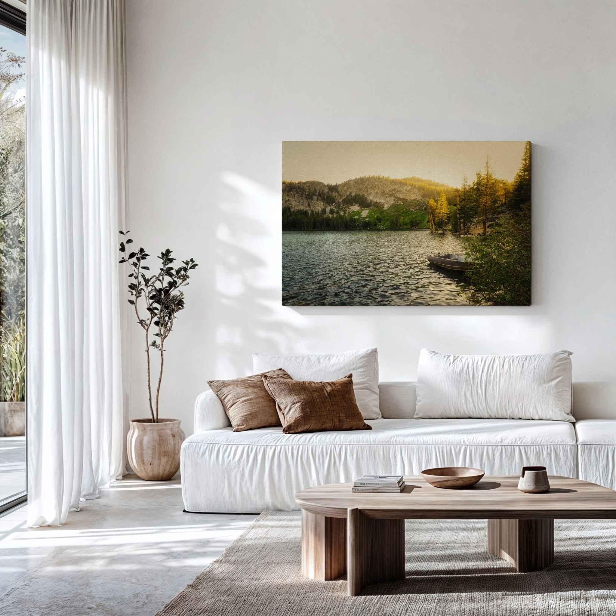 Golden Hour Alpine Lake canvas print of Lake George in Mammoth Lakes, California, displayed above a neutral sofa in a bright contemporary living room.
