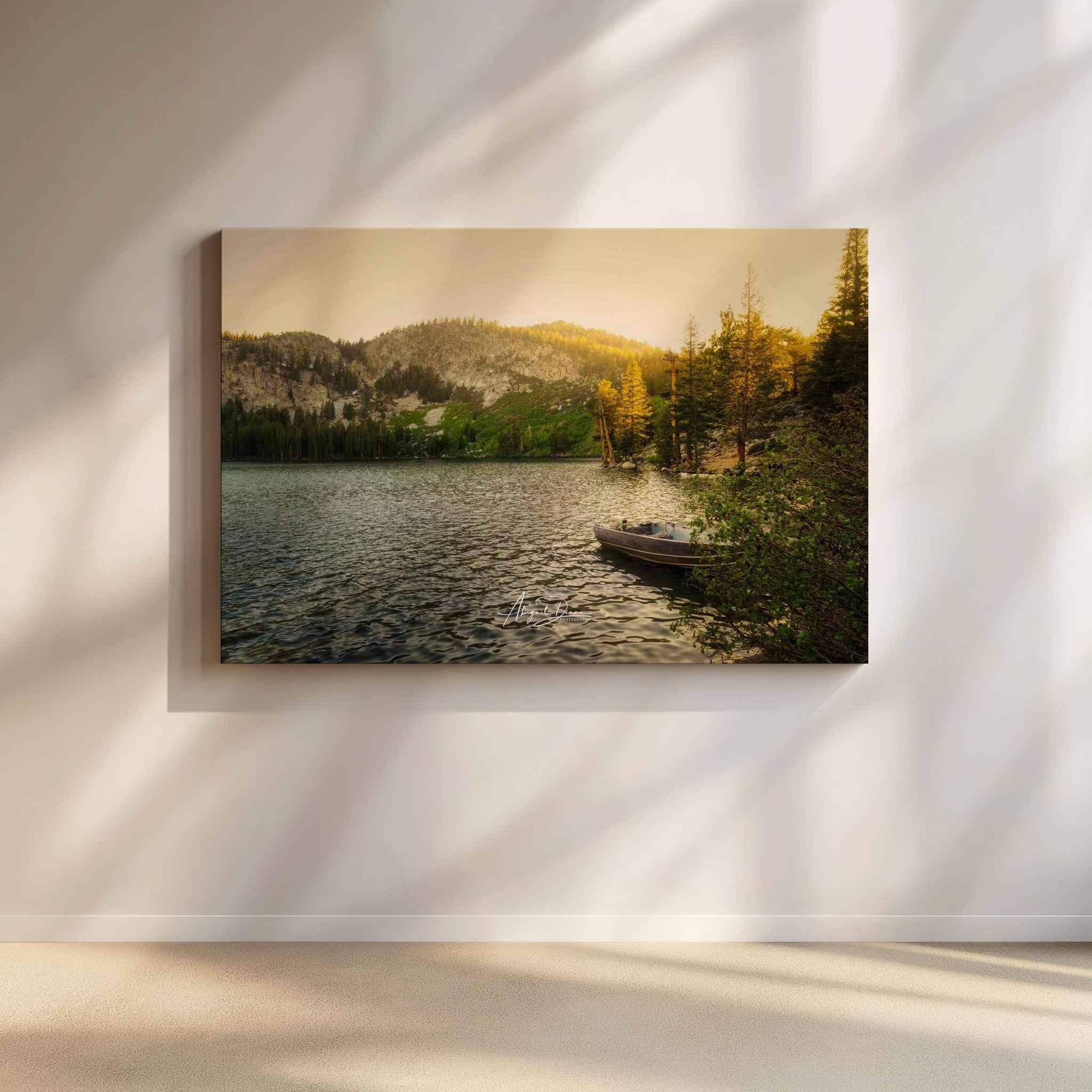 Golden Hour Alpine Lake gallery-wrapped canvas featuring Lake George near Mammoth Lakes, California, displayed in a serene minimalist interior.