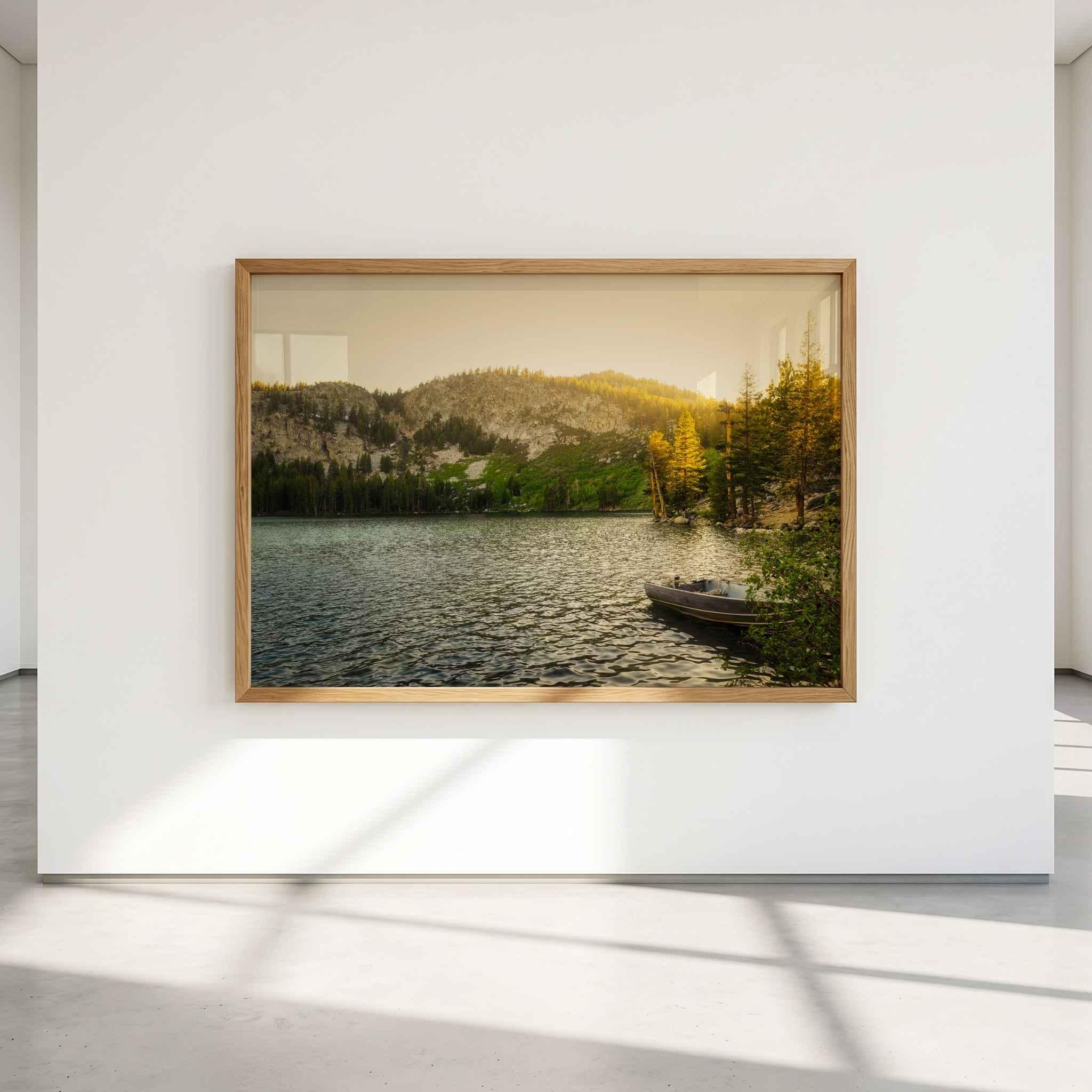 Golden Hour Alpine Lake at Lake George in California’s Eastern Sierra displayed as a large natural wood framed fine art print on a bright minimalist gallery wall.