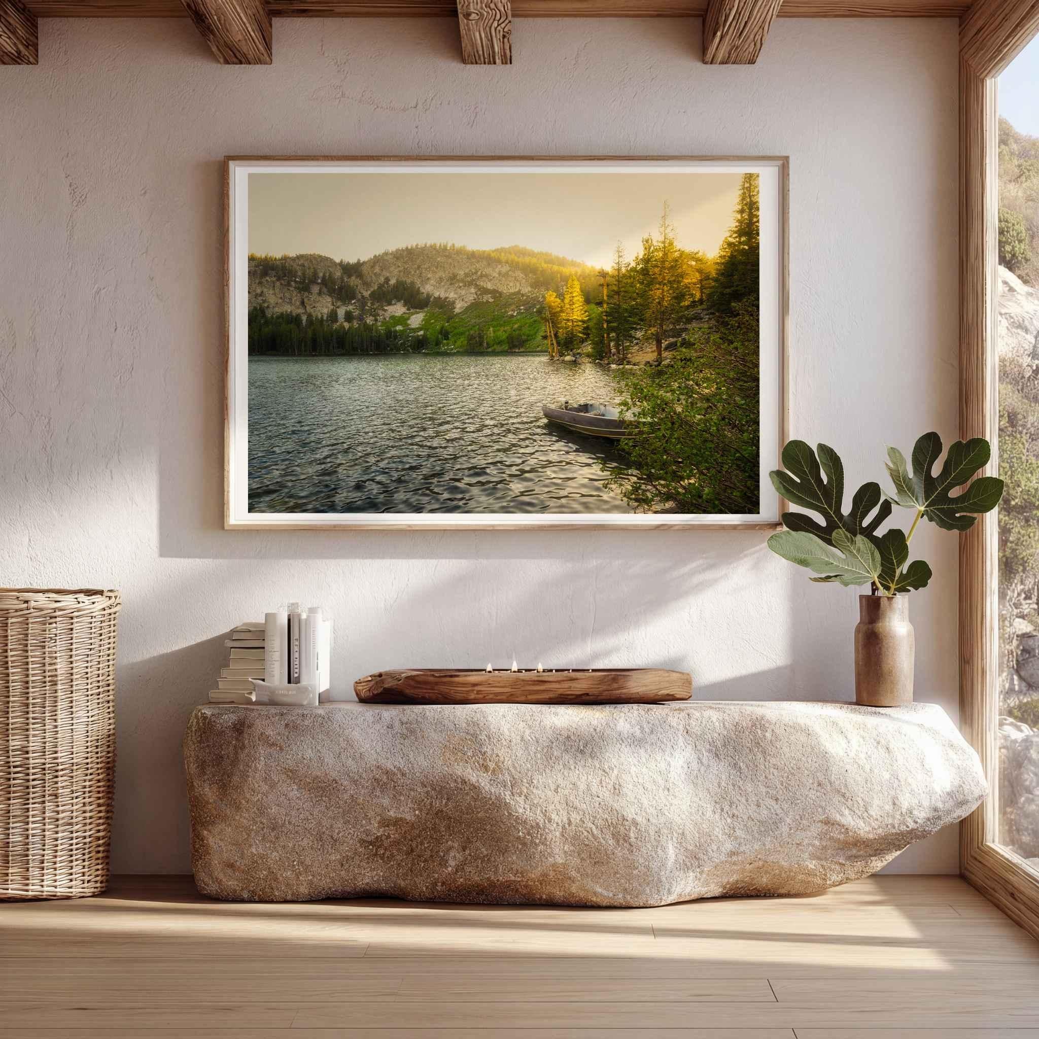 Golden Hour Alpine Lake at Lake George in California’s Eastern Sierra displayed as a matted fine art print in a natural wood frame above a rustic stone console.
