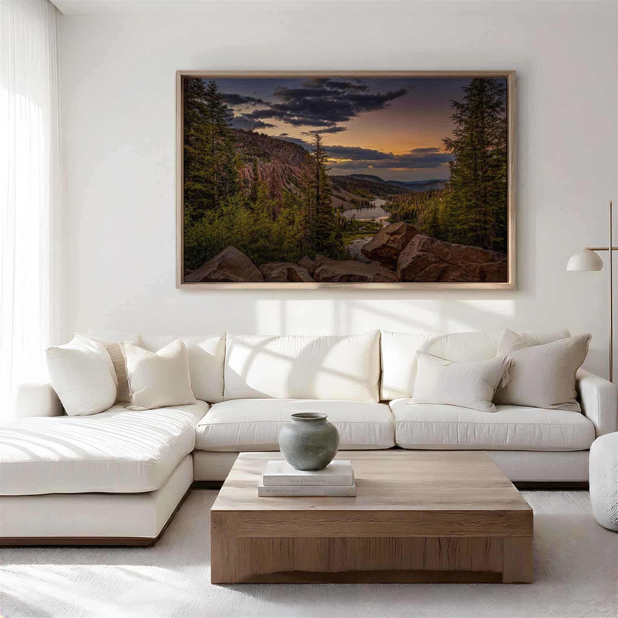  Large Golden Hour Twin Lakes wall art featuring a dramatic Eastern Sierra sunset near Mammoth Lakes, California, displayed above a white sectional sofa.