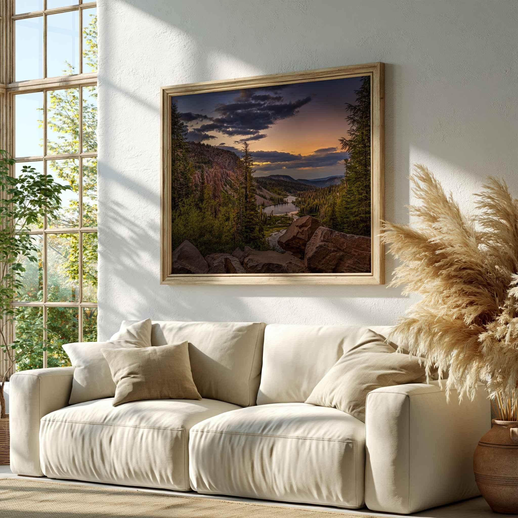  Golden Hour Twin Lakes fine art print featuring an Eastern Sierra sunset near Mammoth Lakes, California, displayed in a bright natural living room.