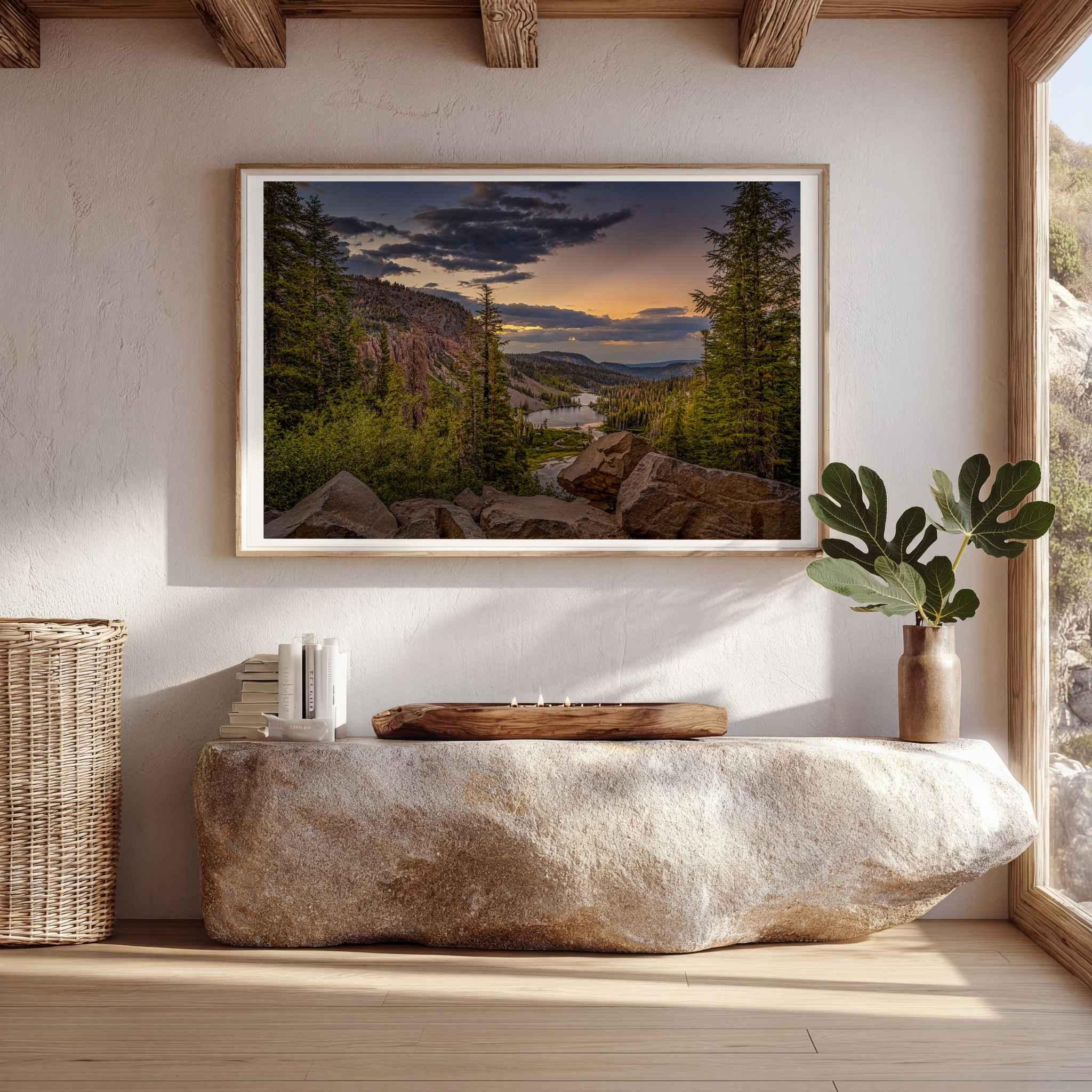 Framed Golden Hour Twin Lakes fine art print featuring a sunset over the Eastern Sierra near Mammoth Lakes, California, above a stone console.