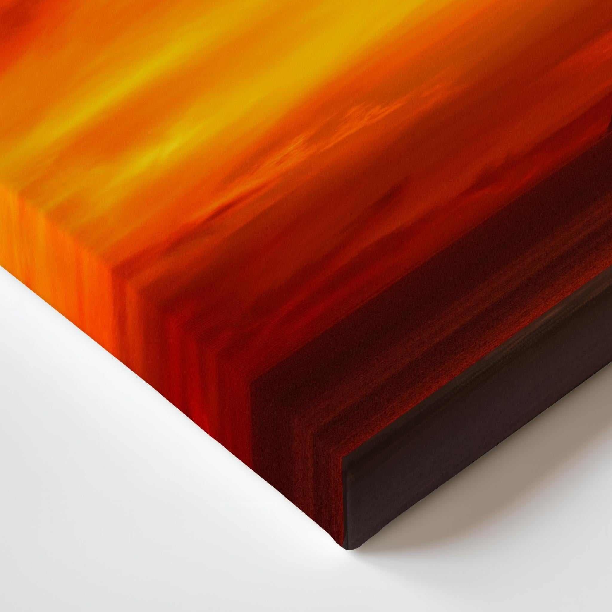 Close-up of  Inferno sunset gallery-wrapped canvas corner featuring fiery orange and gold sunset clouds wrapped around the canvas edges.