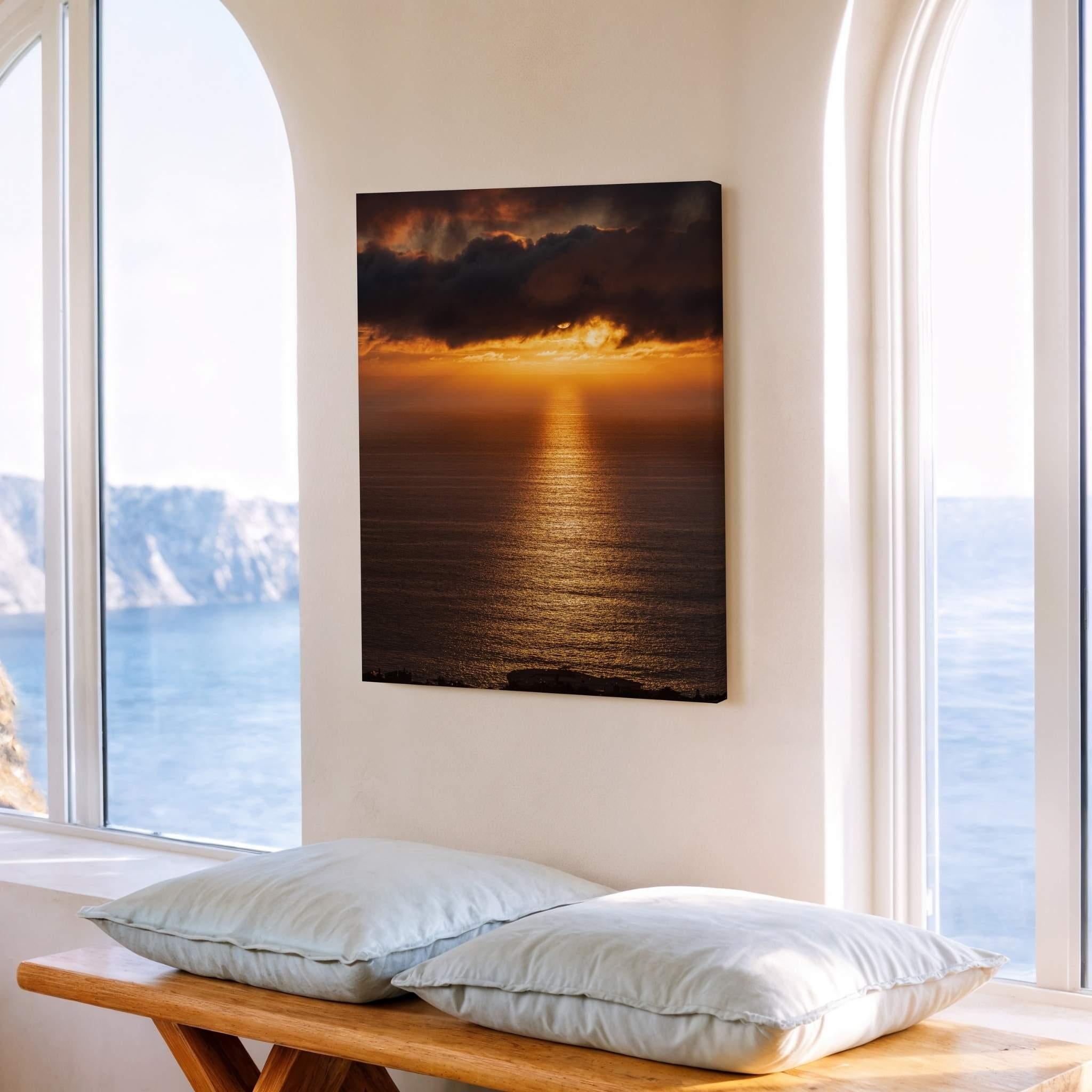 Golden Rays on the Mirrored Sea of the Pacific by Abigail Diane Photography showcased as a premium canvas print in a serene coastal home with ocean views, warm natural light and timeless beach house décor.